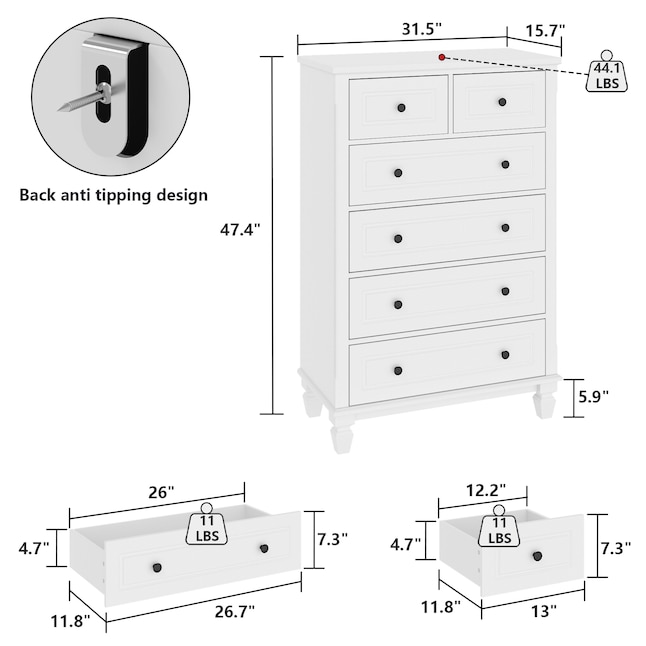 FUFU&GAGA Contemporary White 6-Drawer Chest with Sturdy Legs and Metal ...