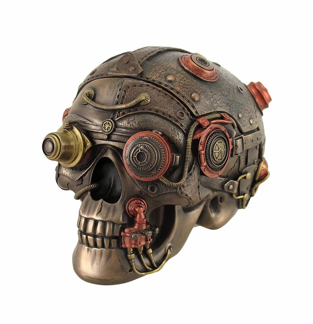 Veronese Design US-WU76558A4 Bronze Finish Leather Look Gearhead Steampunk Skull Trinket-Stash Box