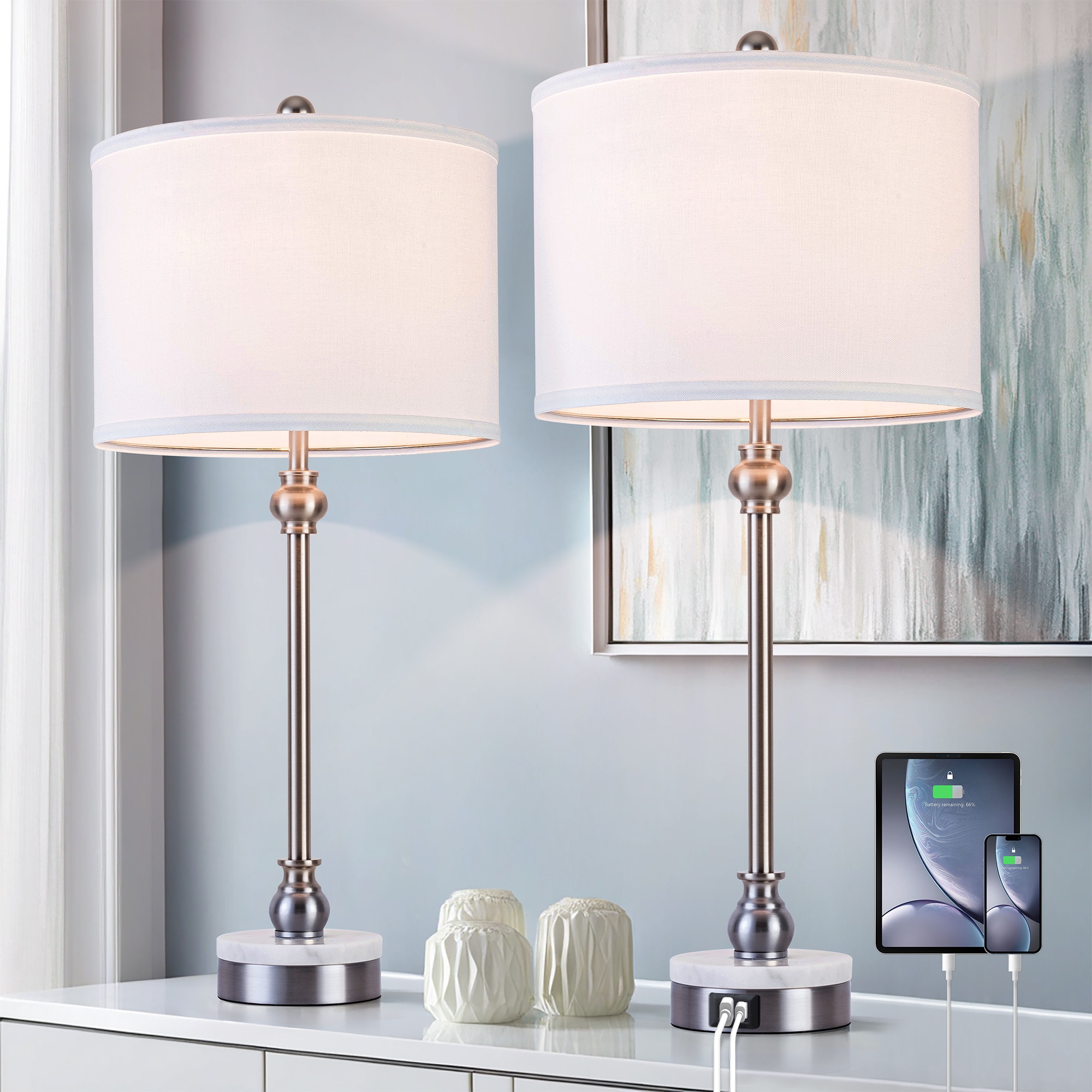 Maxax T264-NI Deluxe 28.3-Inches Brushed Nickel and White LED Incandescent Rotary socket Table Lamp with Linen Shade 2 -Set