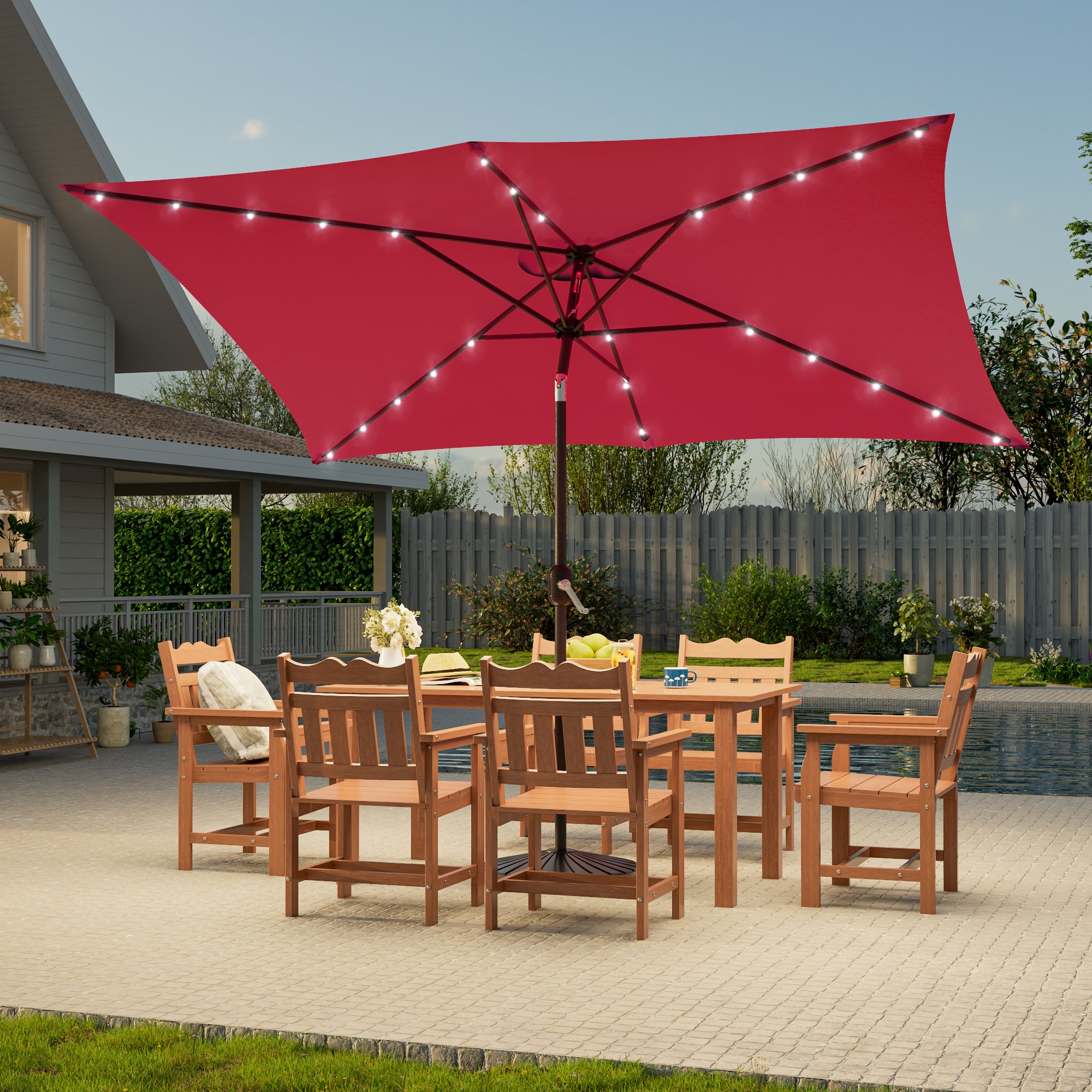 ACEGOSES 10-ft Steel Red Push-button Tilt Market Patio Umbrella with Lights