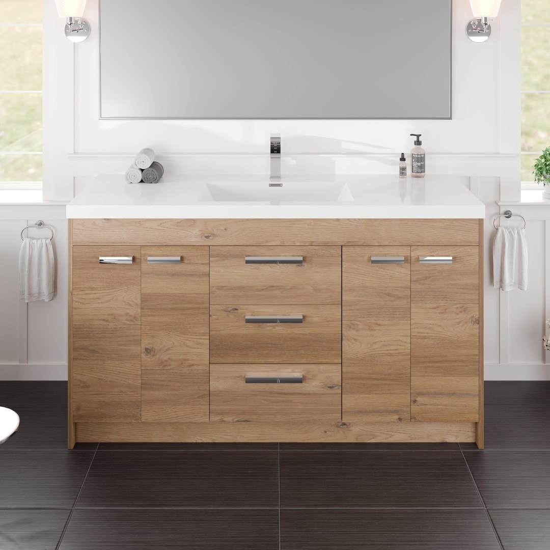 Eviva EVVN15-8-SS-60NOK Lugano 60-in Natural Oak Single Sink Bathroom Vanity with White Acrylic Top