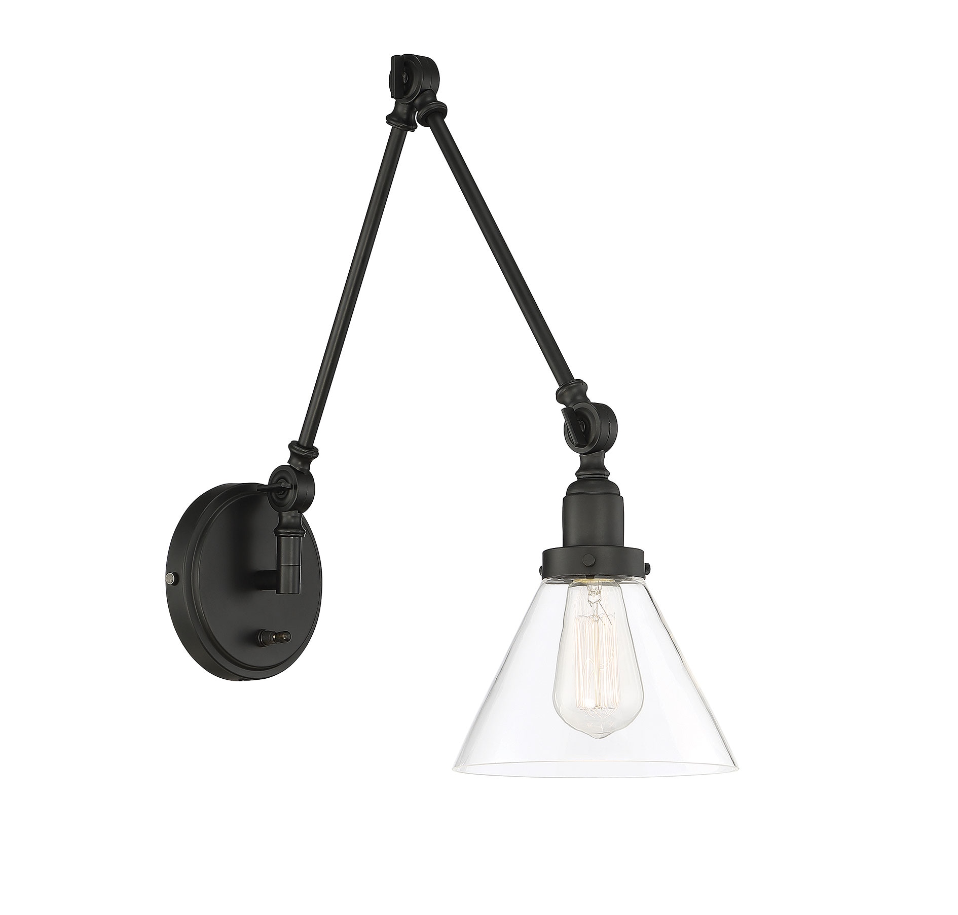 Drake Matte Black Adjustable Arm Wall Sconce with Clear Glass Shade