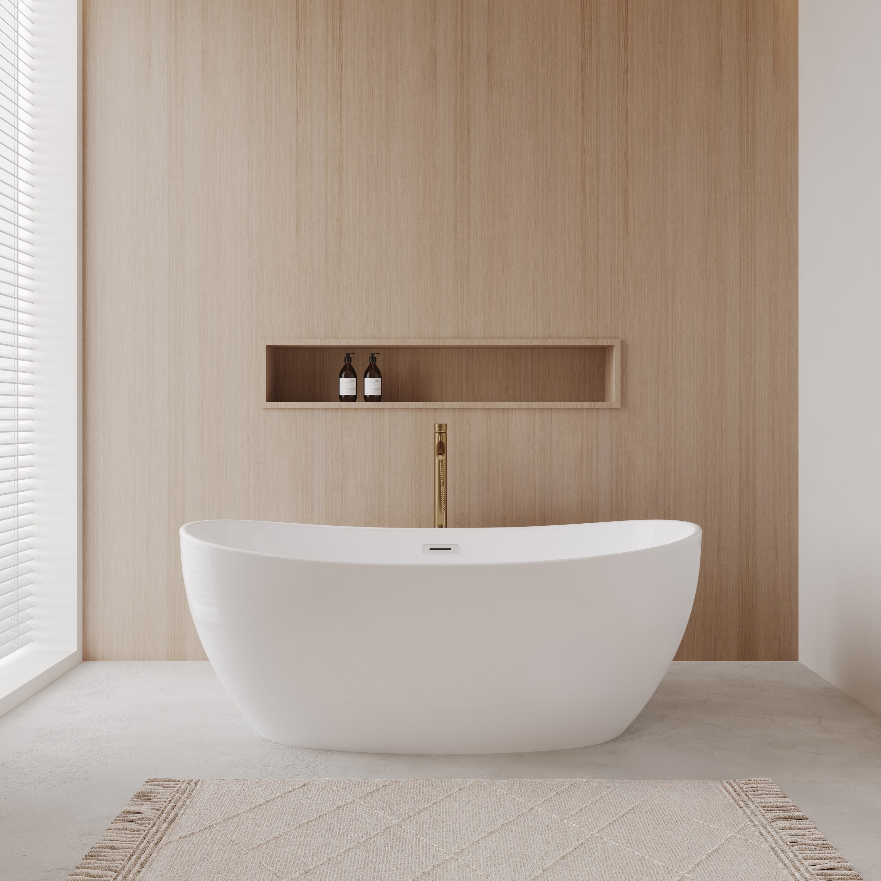 Wyndham Collection Rebecca 32-in x 60-in White with Polished Chrome Trim and Brushed Gold Faucet Acrylic Oval Freestanding Soaking Bathtub with Faucet Hand Shower with Drain ( Center Drain )