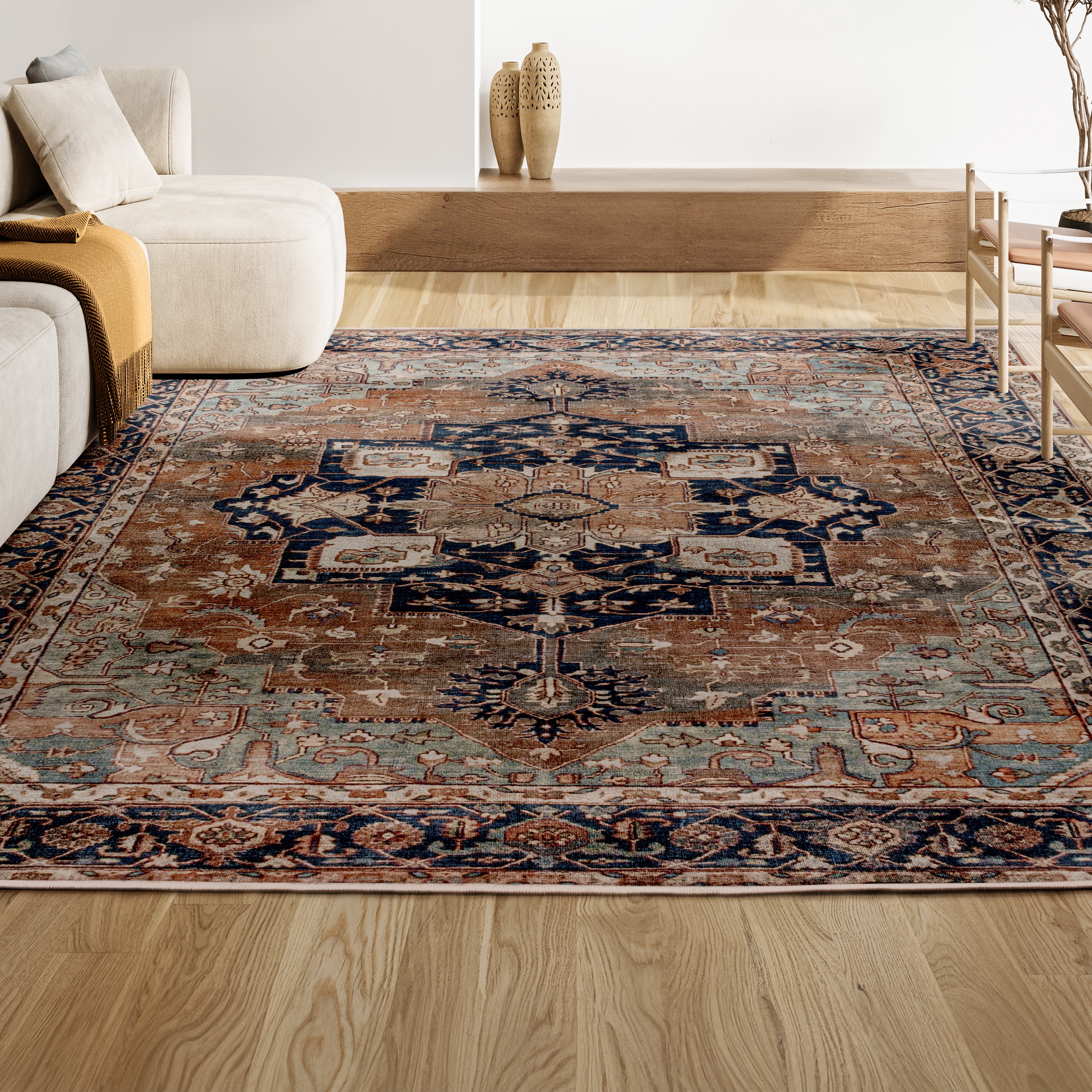 Maris Ornate Medallion Machine-Washable Beige and Blue Chenille Area Rug