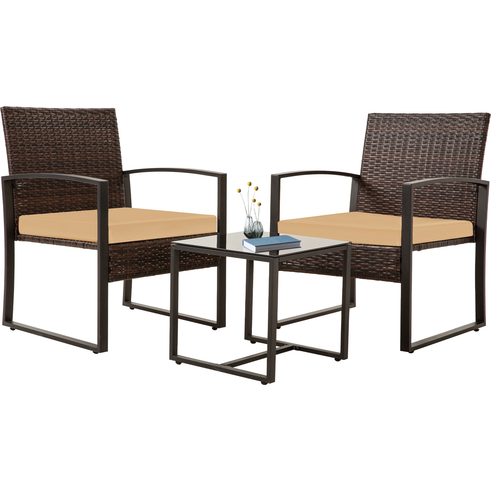 CASAINC CA-BEE-3351 Patio Furniture Set with Coffee Table 3 -Piece Rattan Patio Conversation Set with Brown Cushions