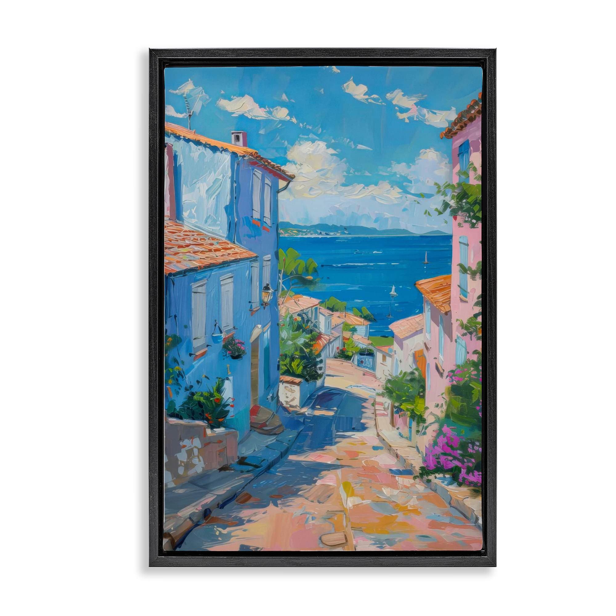 Stupell Industries BT-732-FFB-20X30 Quiet Seaside Town's Path Black Framed Floater Canvas Wall Art By LSR Design Studio 21 x 31