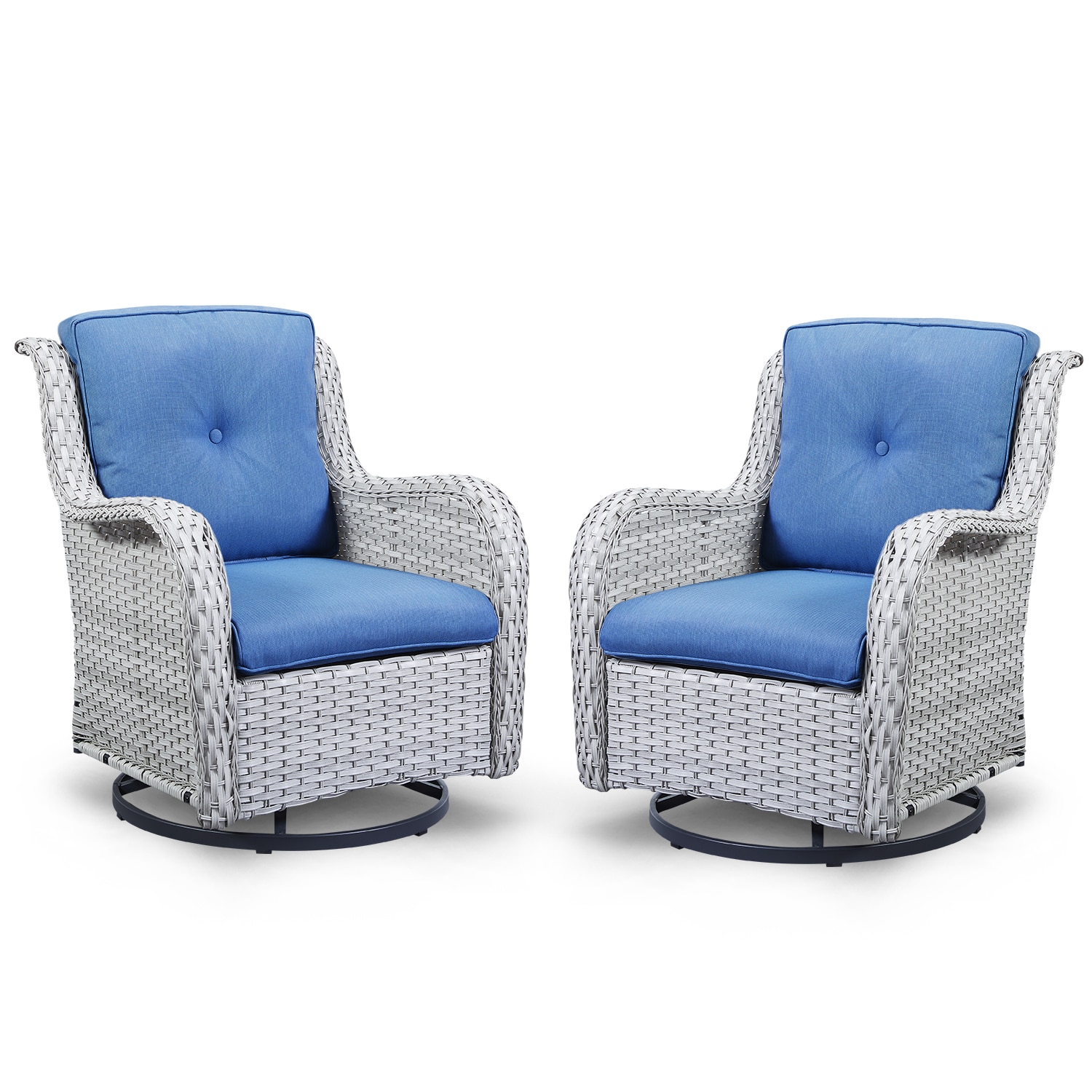 Rilyson FS071-2 Curved handrail Set of 2 Wicker Gray Wicker Frame Swivel rocker Rocking Chair with Navy Navy blue Cushioned Seat