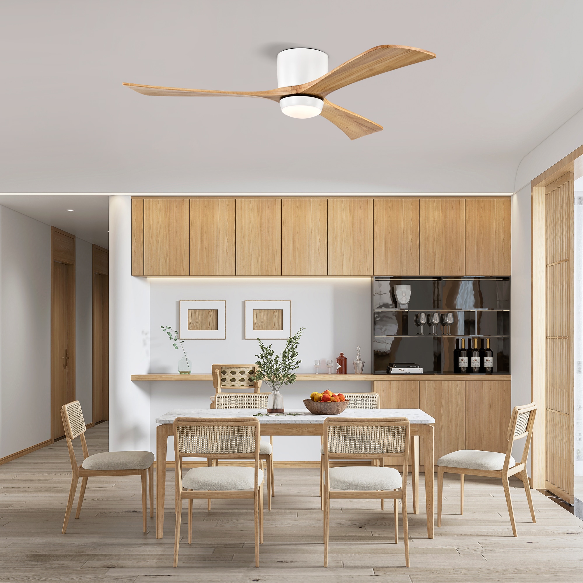 LUXEYARD 52 inch Flush Mount Solid Wood Blades Ceiling Fan with Lights Remote Control Quiet DC Motor (Matte White and Natural)