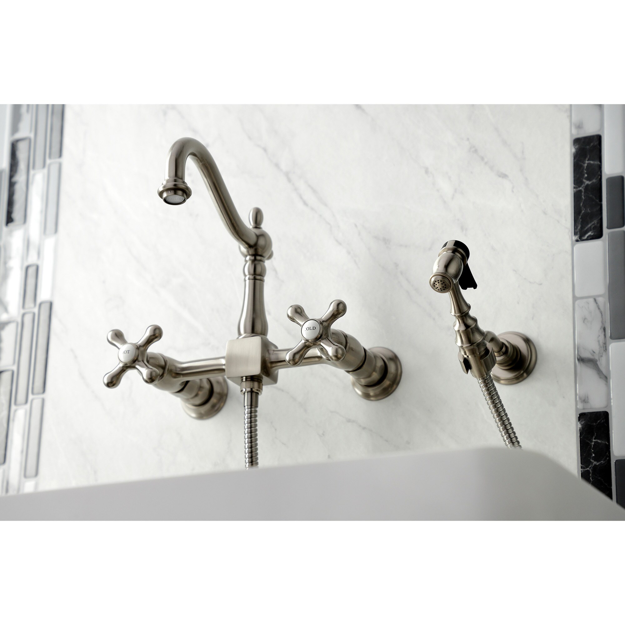 Kingston Brass WLKS1268AXBS Brushed Nickel Double Handle Wall-mount Kitchen Faucet ( Side Sprayer Included )