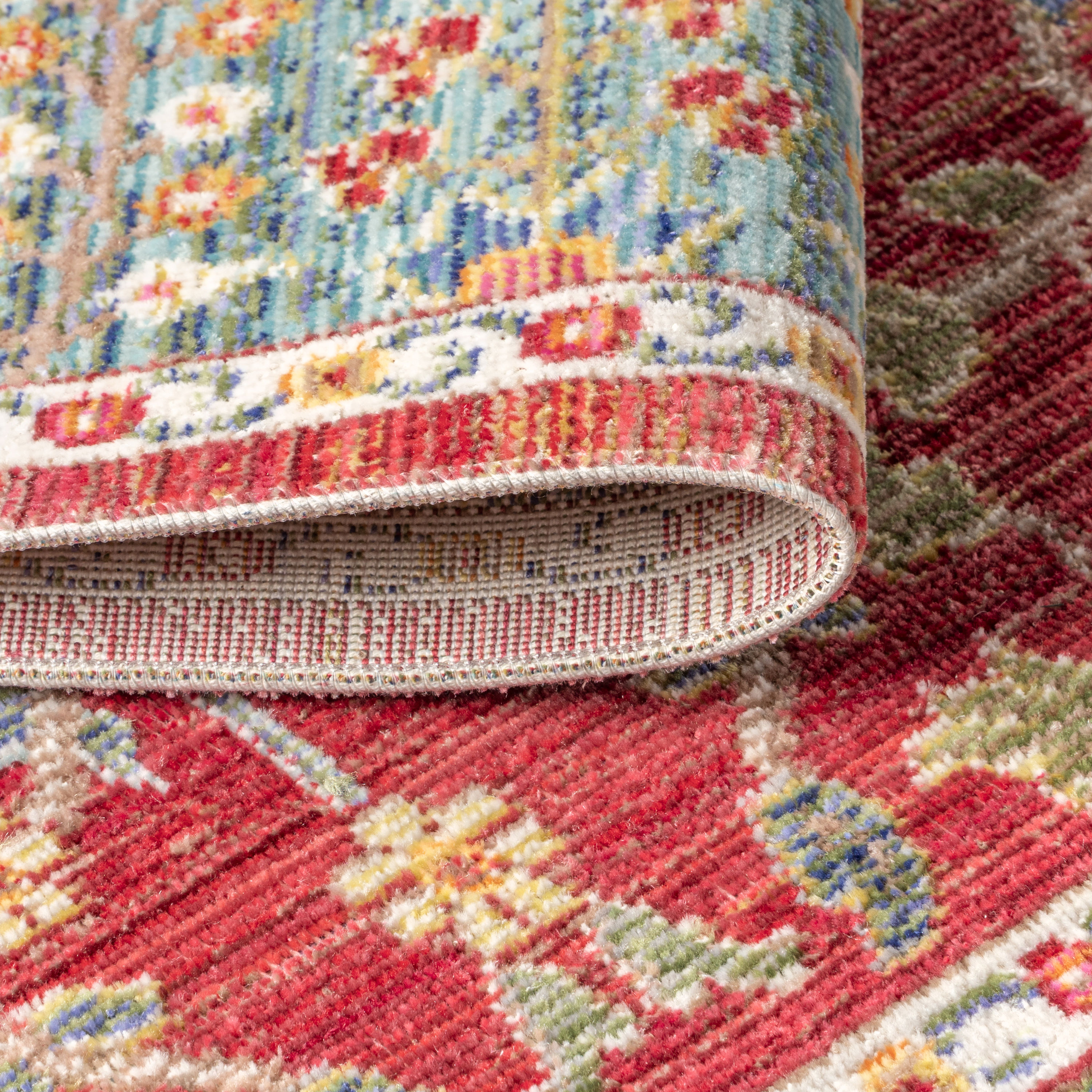 Burgundy and Light Blue Synthetic Floral Area Rug