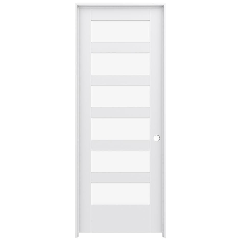 JELD-WEN LOWOLJW221100191 30-in x 80-in Primed Solid core 6-panel Clear glass Left hand Smooth Primed MDF Flat Jamb Single Prehung Interior Door