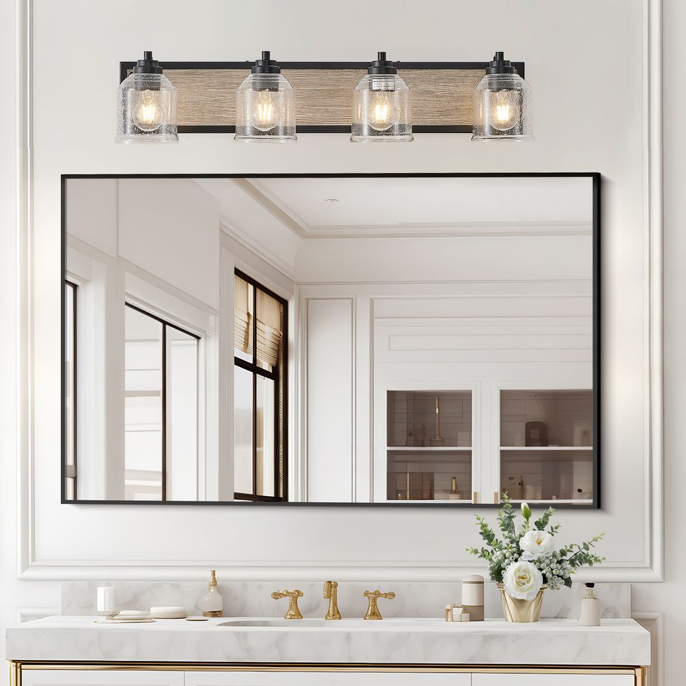 Blisstyle 32 Inch Farmhouse Vanity Light Fixture 4 Light Bathroom Wall Sconce with Clear Seeded Glass Shades Black and Wood Grain Finish Modern Industrial Design for Bathroom or Powder Room No Bulbs Lighting Living Room Lighting Black Iron