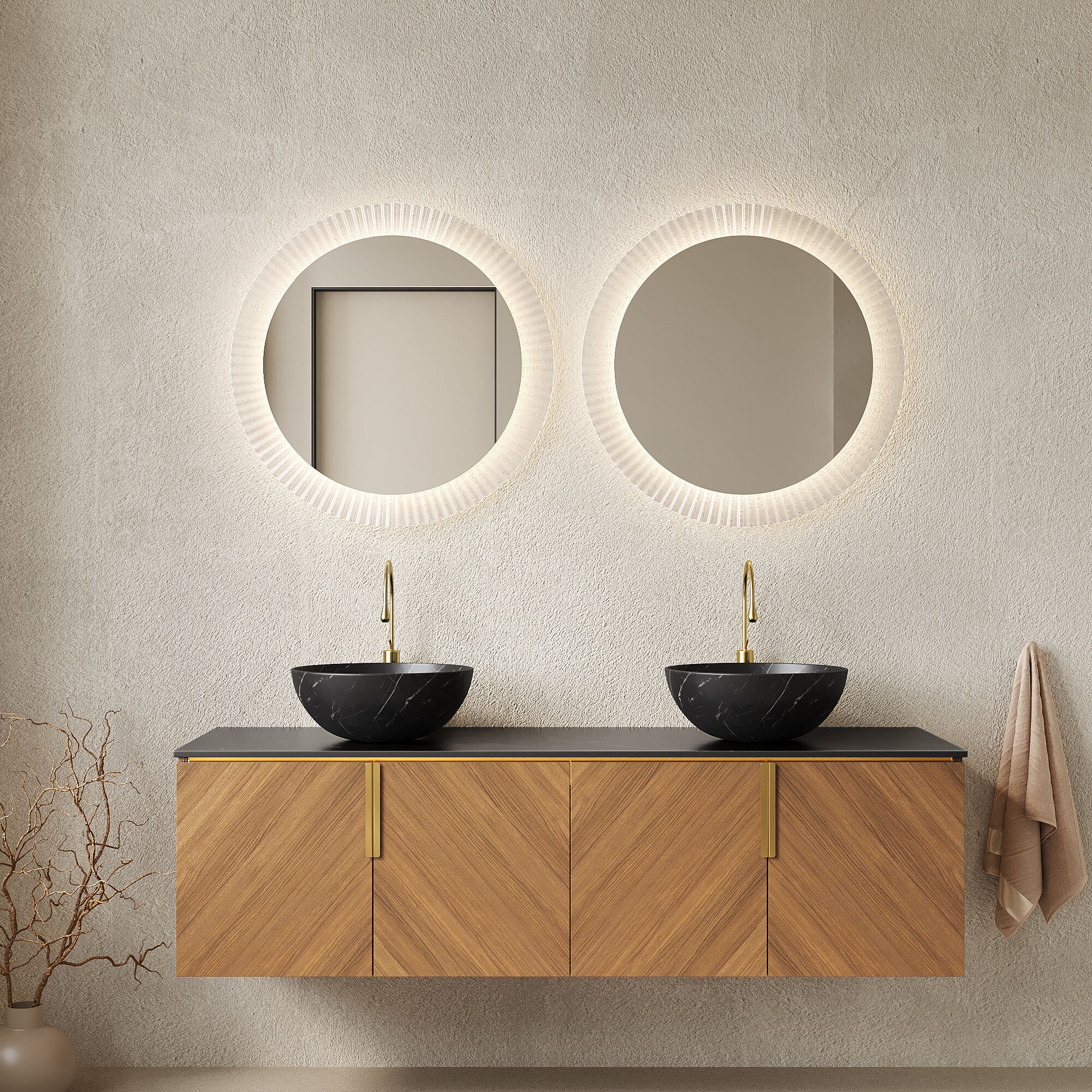 Tahanbath 60 Inches Plywood Bathroom Vanity and Sinks Floating with 4 Doors 2 Black Bowl Ceramic Basin with Stone Pattern and Black Sintered Stone Countertop and Brown Oak Woodgrain