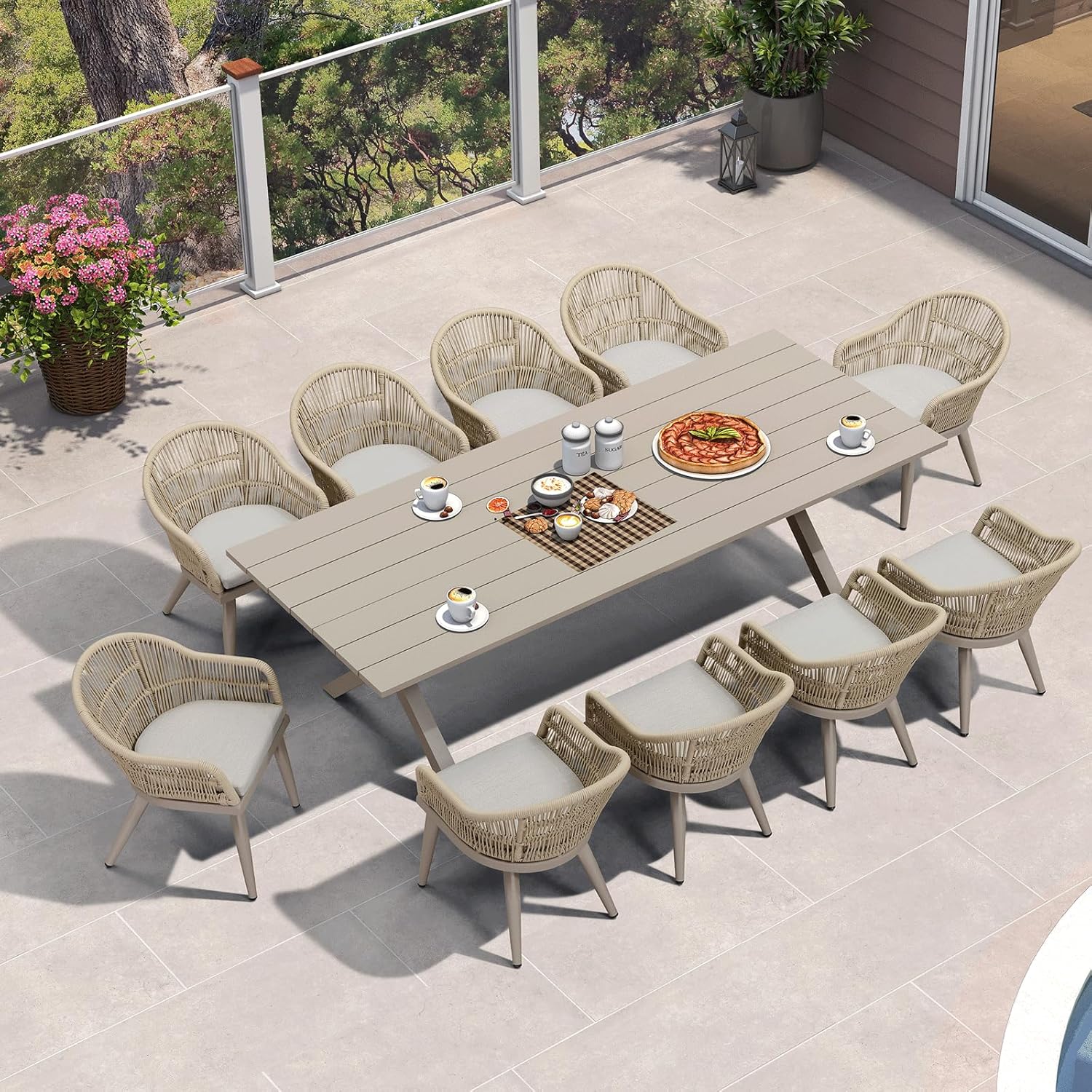 PURPLE LEAF LS03-VT11-250-CP 11 -Piece 11 pieces-Rectangle Rattan Patio Dining Set Aluminum Rectangle Table with 10 Yellow Cushions Stationary Chairs