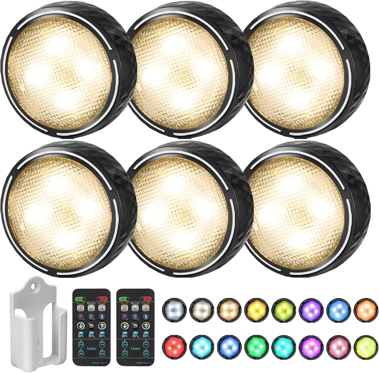 Oyezvary  LED puck lights with remote control battery powered color changing wireless under cabinet tap lights timer adhesive install 6 pack black