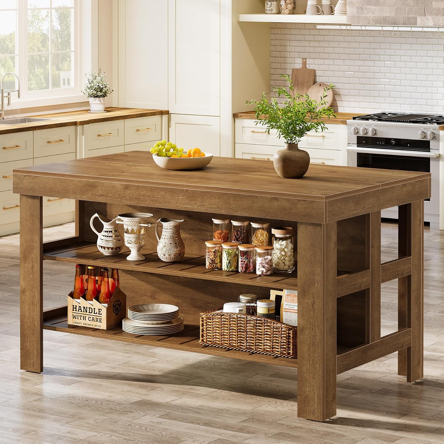 Tribesigns 55 inch W Brown Farmhouse 3 Tier Stationary Kitchen Islands ...