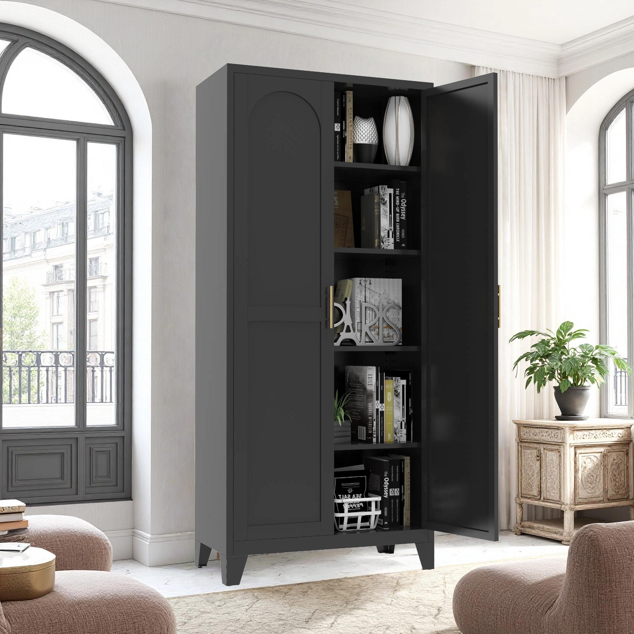 GDFStudio 71 Inch 2 Shapely Doors Metal Storage Cabinet with Adjustable Shelves for Bedroom Living Room Kitchen Black #338408
