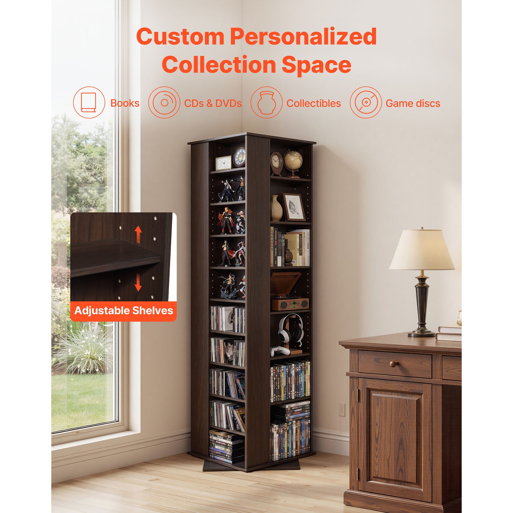 VEVOR Media Storage Cabinet CD Rack Tower 34 Compartments Rotating ...