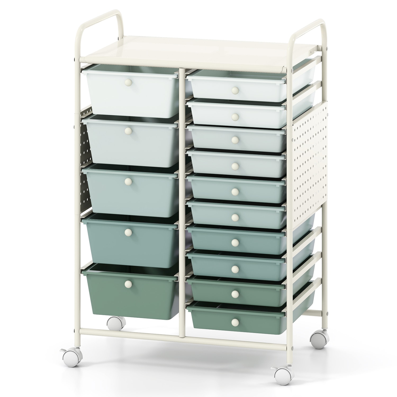 SUGIFT 15-Drawer Rolling Storage Cart in Gradient Green and White with a Metal Tabletop and a Pegboard 25-in Wide Craft Organizer Standing 34.5-in Tall With 5-in Deep Drawers and Hanging Storage for Craft Rooms Classrooms and Home Offices at Home