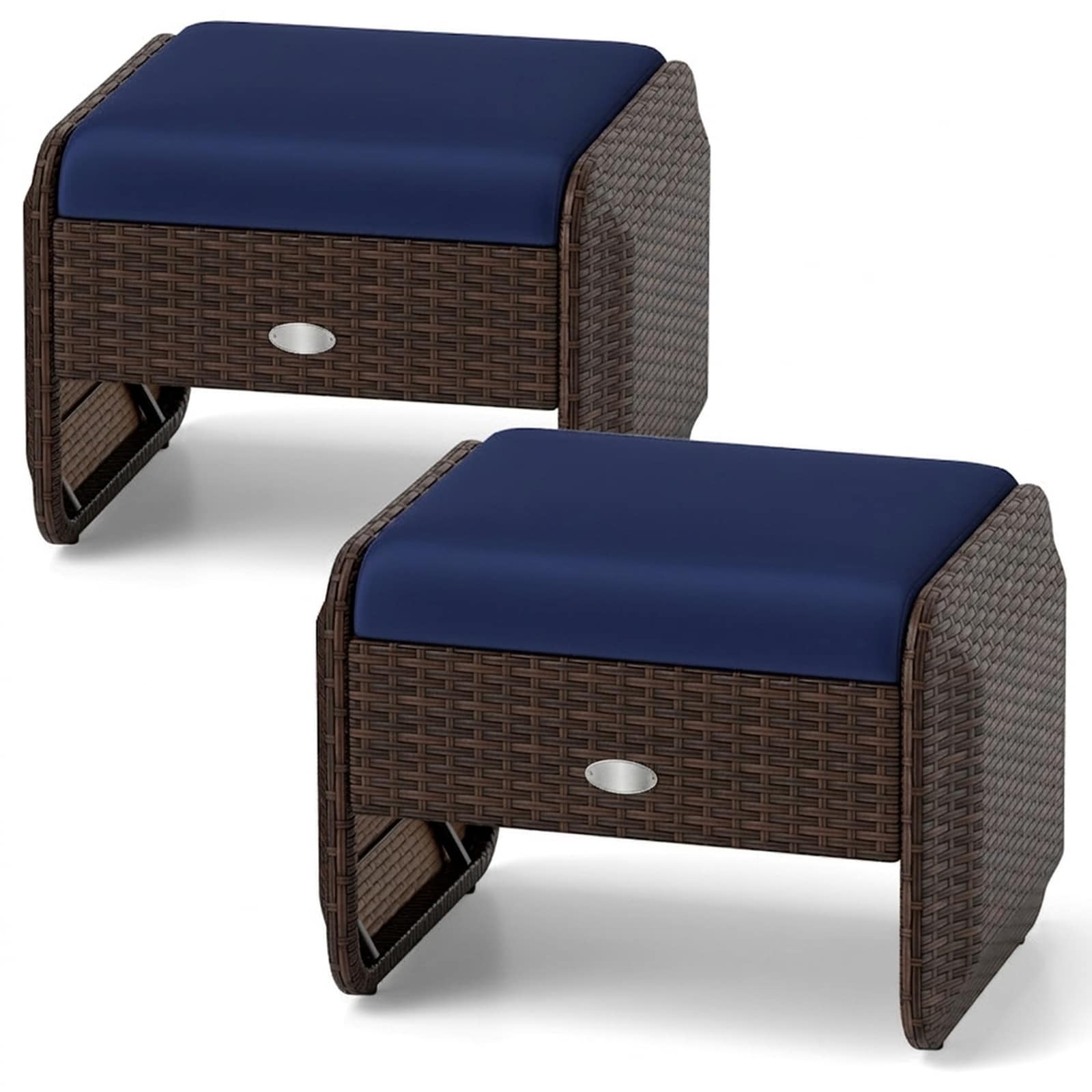 SUGIFT - Set of 2 Outdoor Patio PE Wicker Ottomans with Removable Navy Cushions 400-lb Capacity f...