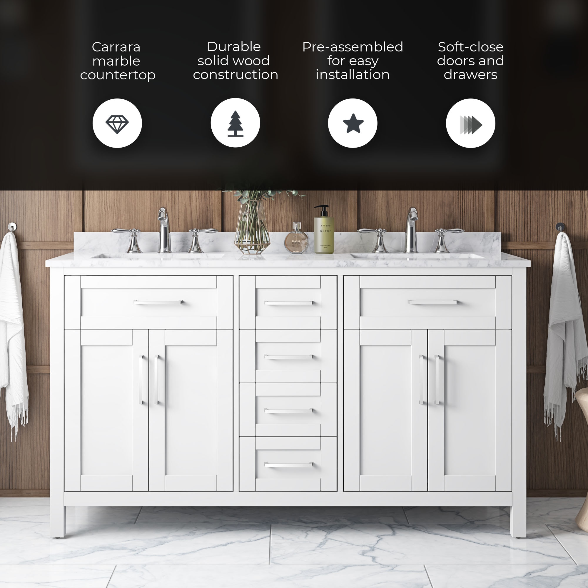 White Double Freestanding Bathroom Vanity with Marble Top