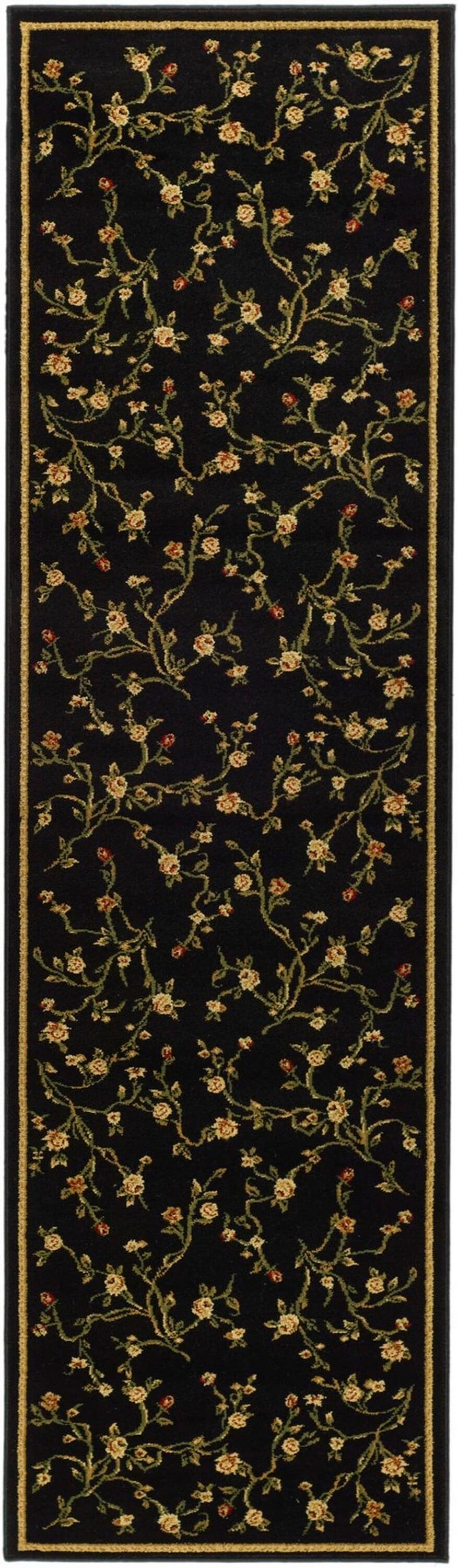 Black Floral Synthetic Low Pile Runner Rug