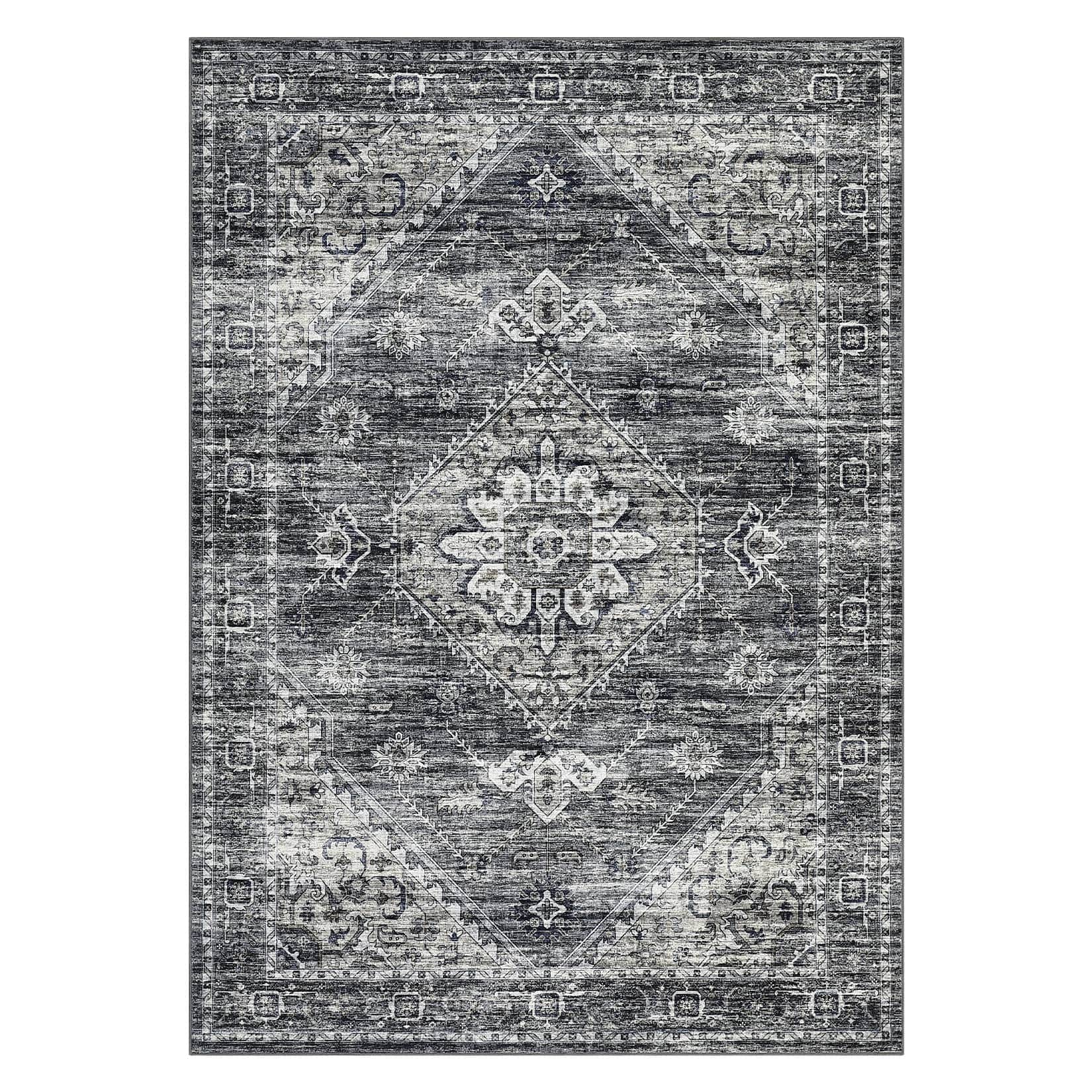 Qeetex LSN-PHK-33EUADYH 10 x 13 ft Polyester Cashmere Imitation Dark Gray Rectangular Hallway Bathroom Entryway Kitchen Office Foldable Geometric Persian Washable Area Rug