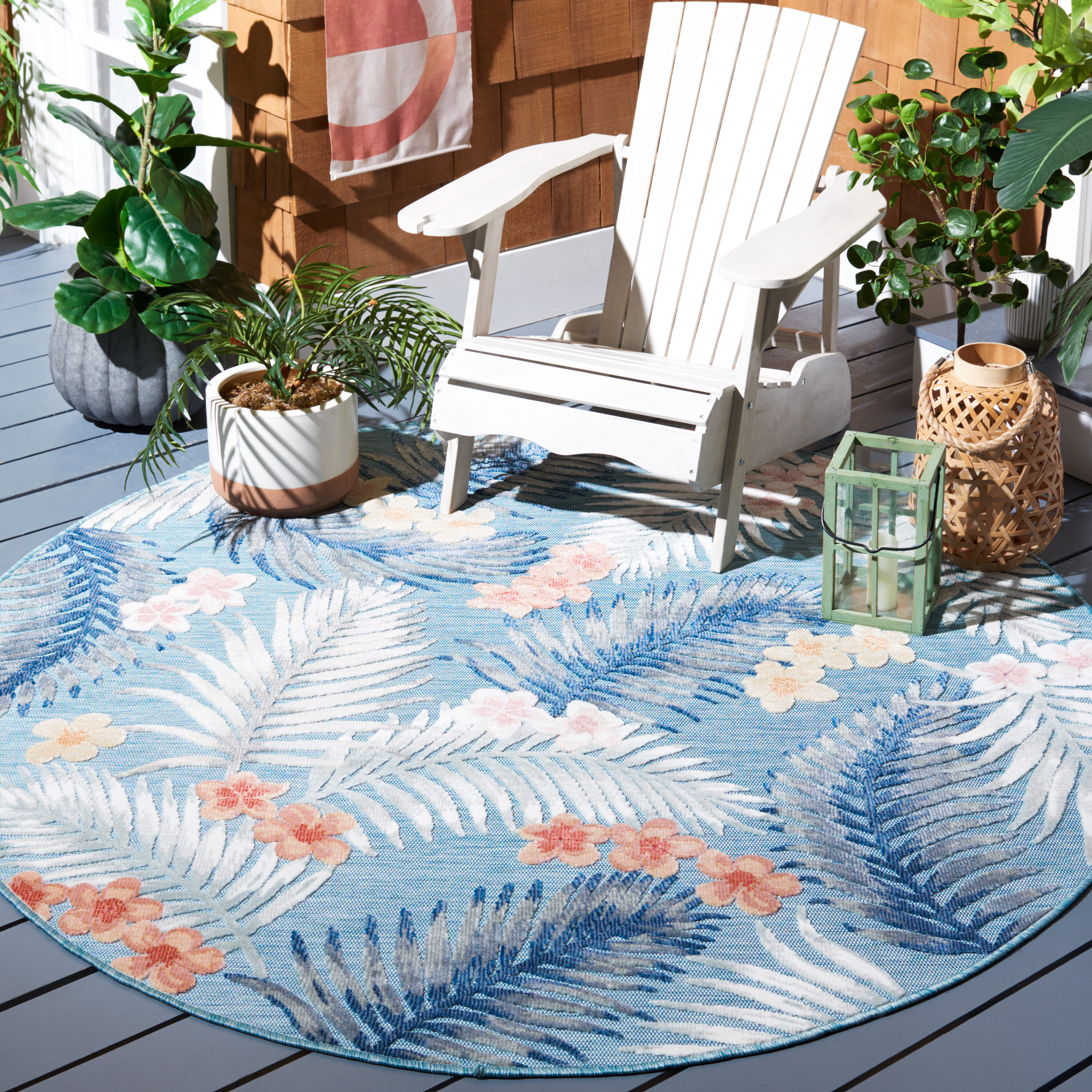 Safavieh CBN451J-7R Cabana 6 x 6 (ft) Loomed Synthetic Aqua/Ivory Round Indoor/Outdoor Floral Tropical Area rug