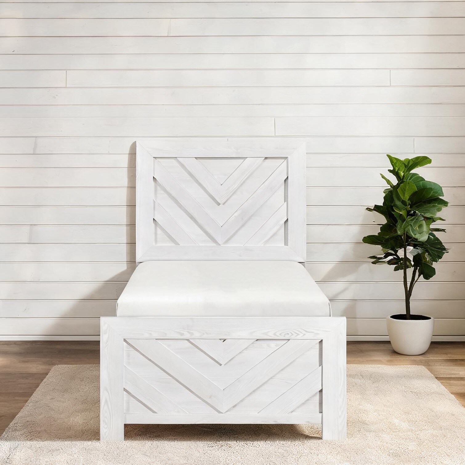 SunJet Faux Wood Veneer Twin Panel Bed with V-Pattern Detail in Soft White Ships in One Box