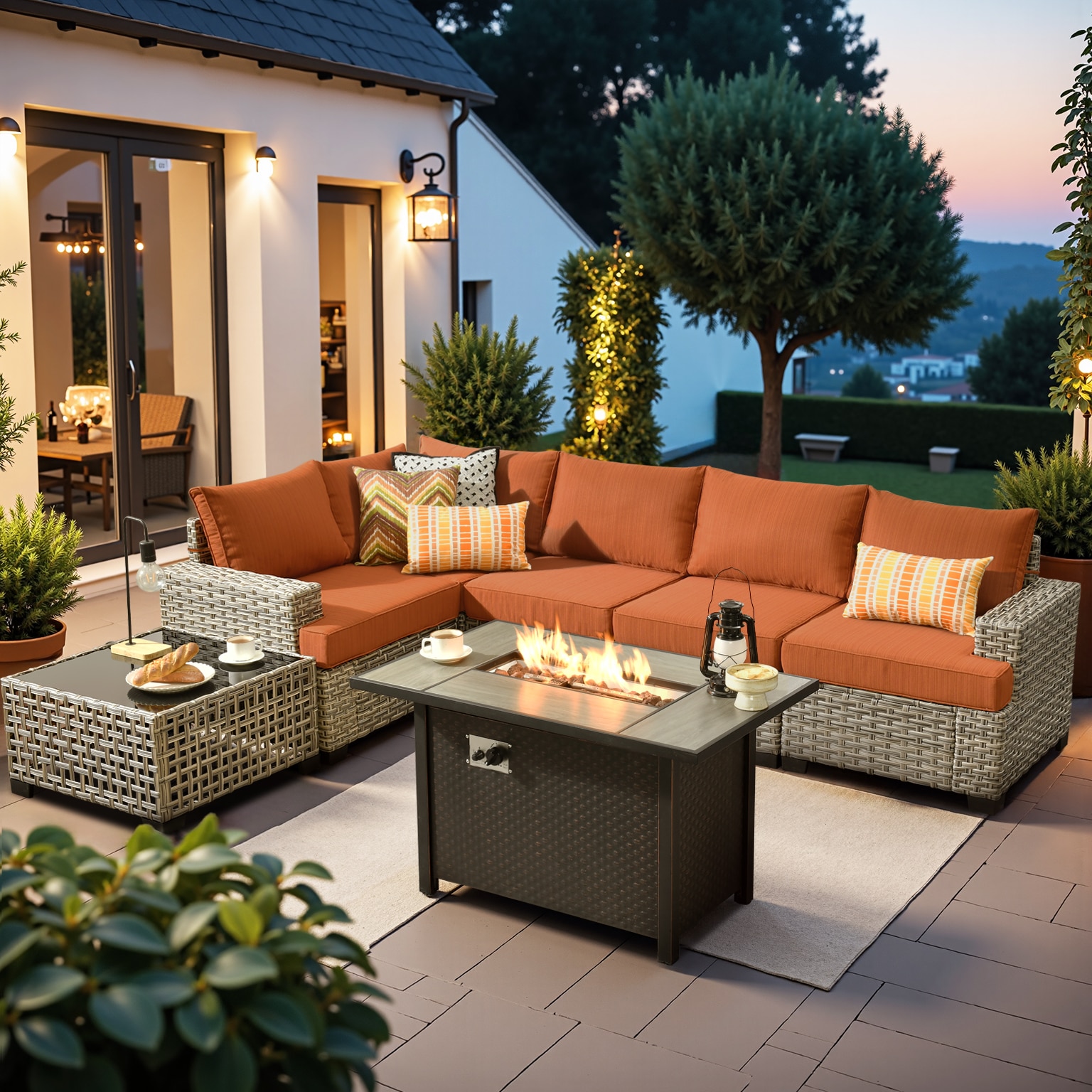 XIZZI XITBS8073A-IFP Agate Rattan Outdoor Sectional with Orange Cushions and Steel Frame