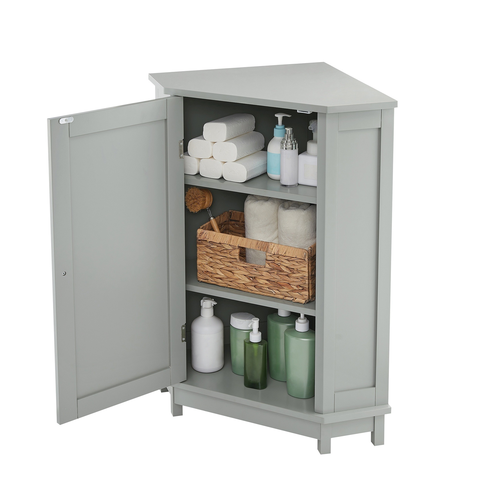 LIVACA 25 inch x 18 inch x 31 inch Grey MDF Triangle Corner Storage Cabinet with Adjustable Shelves