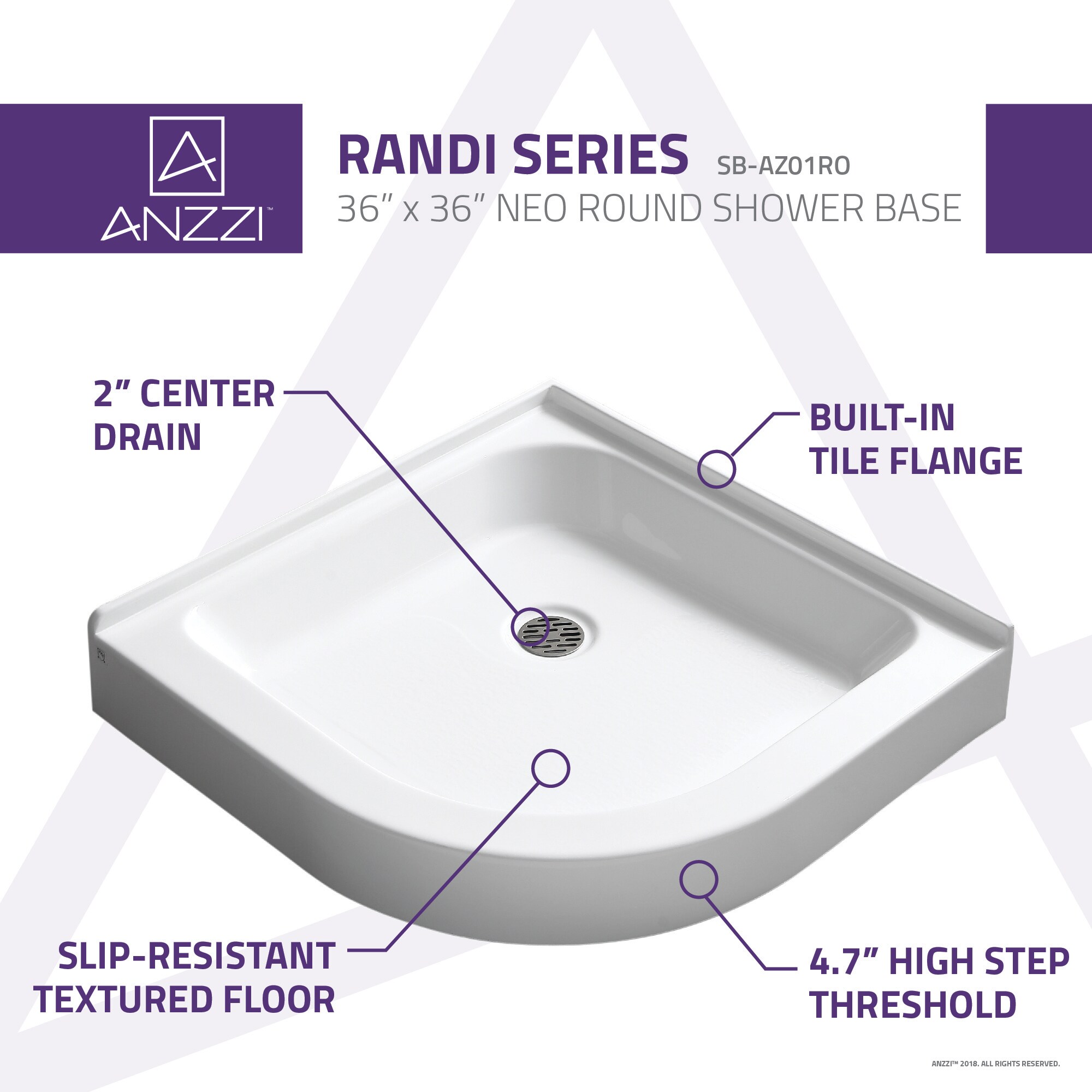 ANZZI Randi 36-in W x 36-in L x 5.5-in H White Double Threshold Round ...