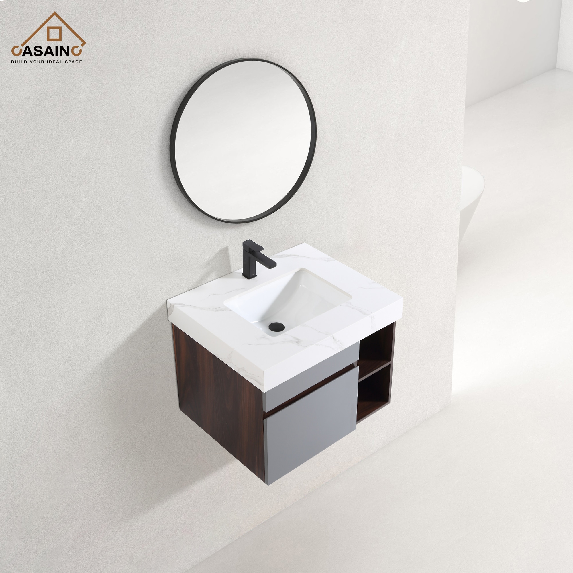 CASAINC MS-20036-CAB-GR 30-in Rock Grey Undermount Single sink Bathroom Vanity with White Solid surface Top