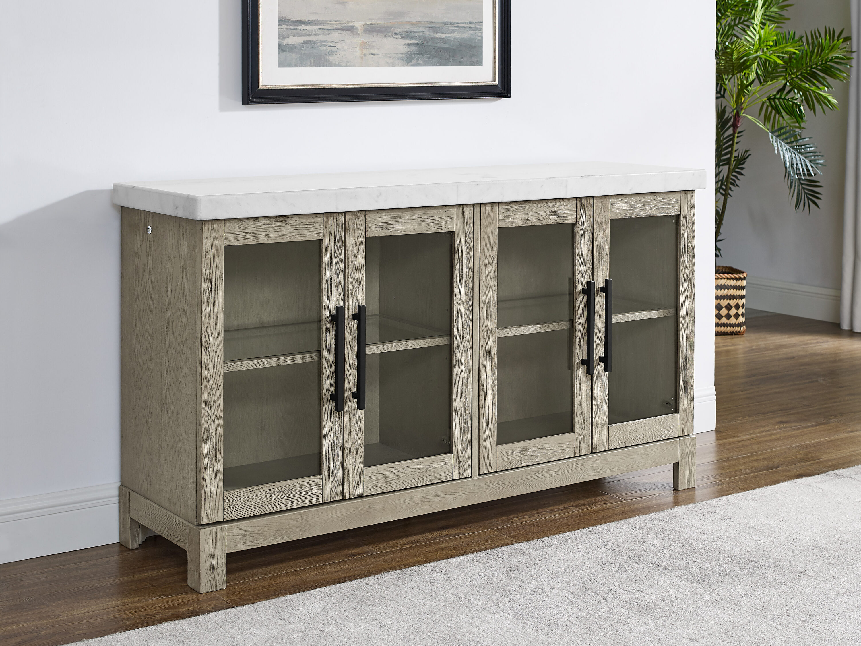 Carena Lighted White Marble and Wheat Wood Sideboard