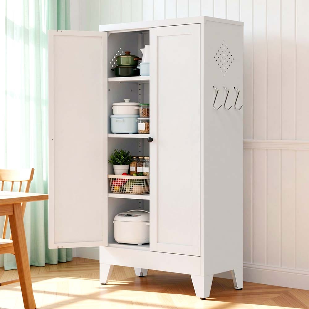 SereneVita 23.7-in W x 47.3-in H White Metal Utility Storage Cabinet Freestanding File Cabinet Organization Cabinet with Adjustable Shelves and Hooks