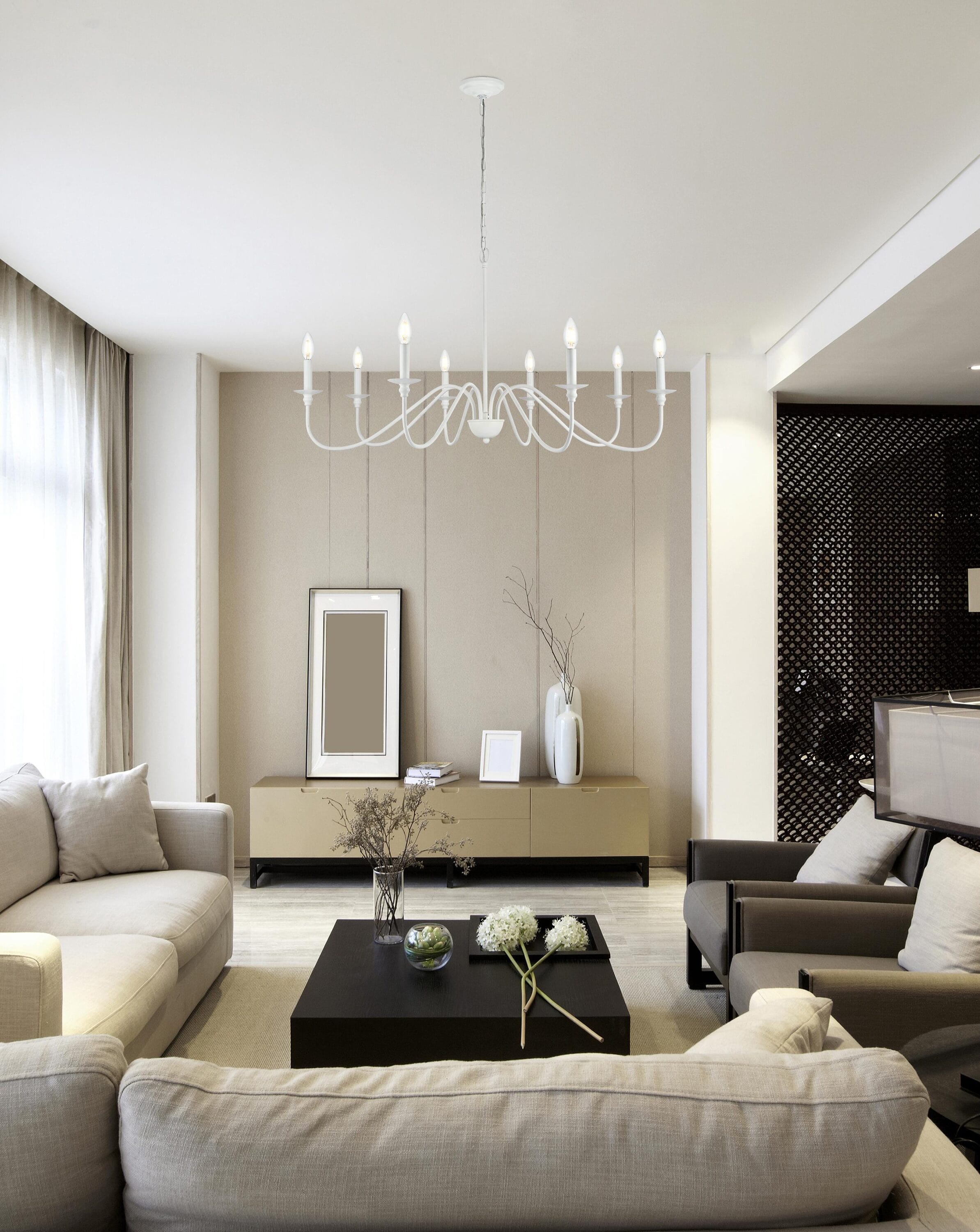 White 42" 8-Light Metal Chandelier with Adjustable Chain