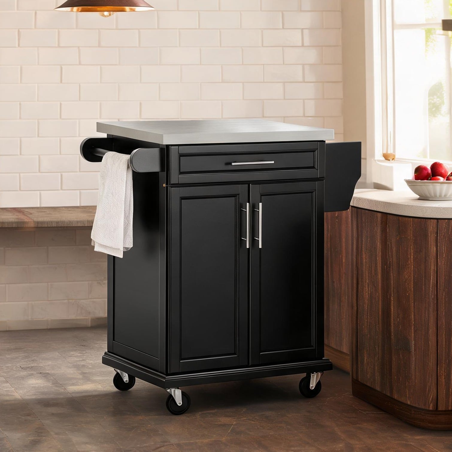 FlowLuxe - Rolling Kitchen Island Cart with Stainless Steel Top and Deep Black Finish Movable Sto...
