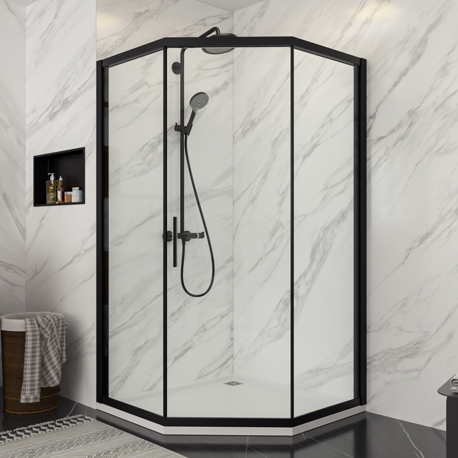 Lordear HBRS-LD-6B10-38MB Neo Angle Shower Door Black 42-in W x 76-in H Framed Clear Glass Corner Neo Angle Sliding Shower door