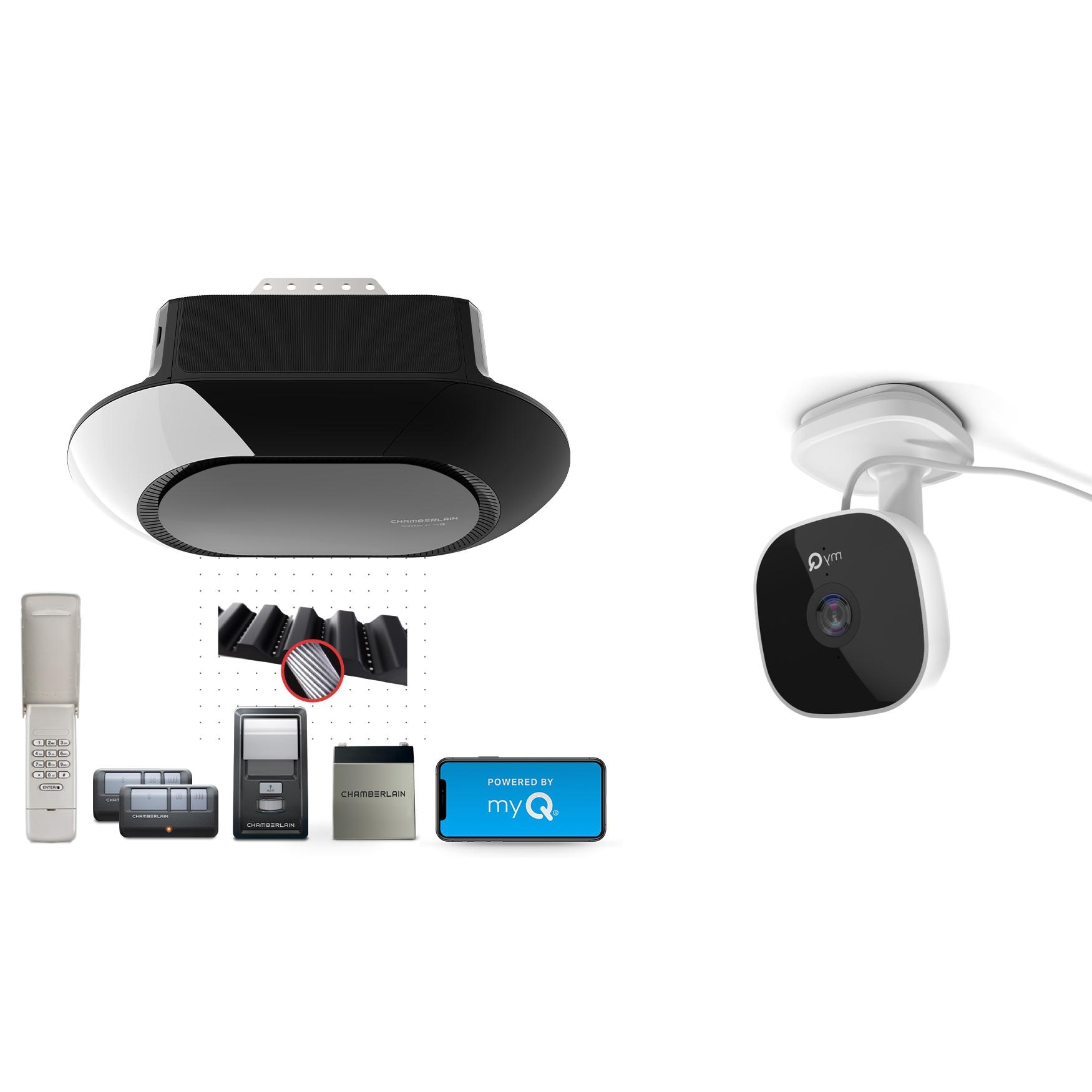 Chamberlain  3/4 Hps myQ Smart Belt Drive Garage Door Opener Wi-fi Battery Back-up LED Light Security Camera Bundle