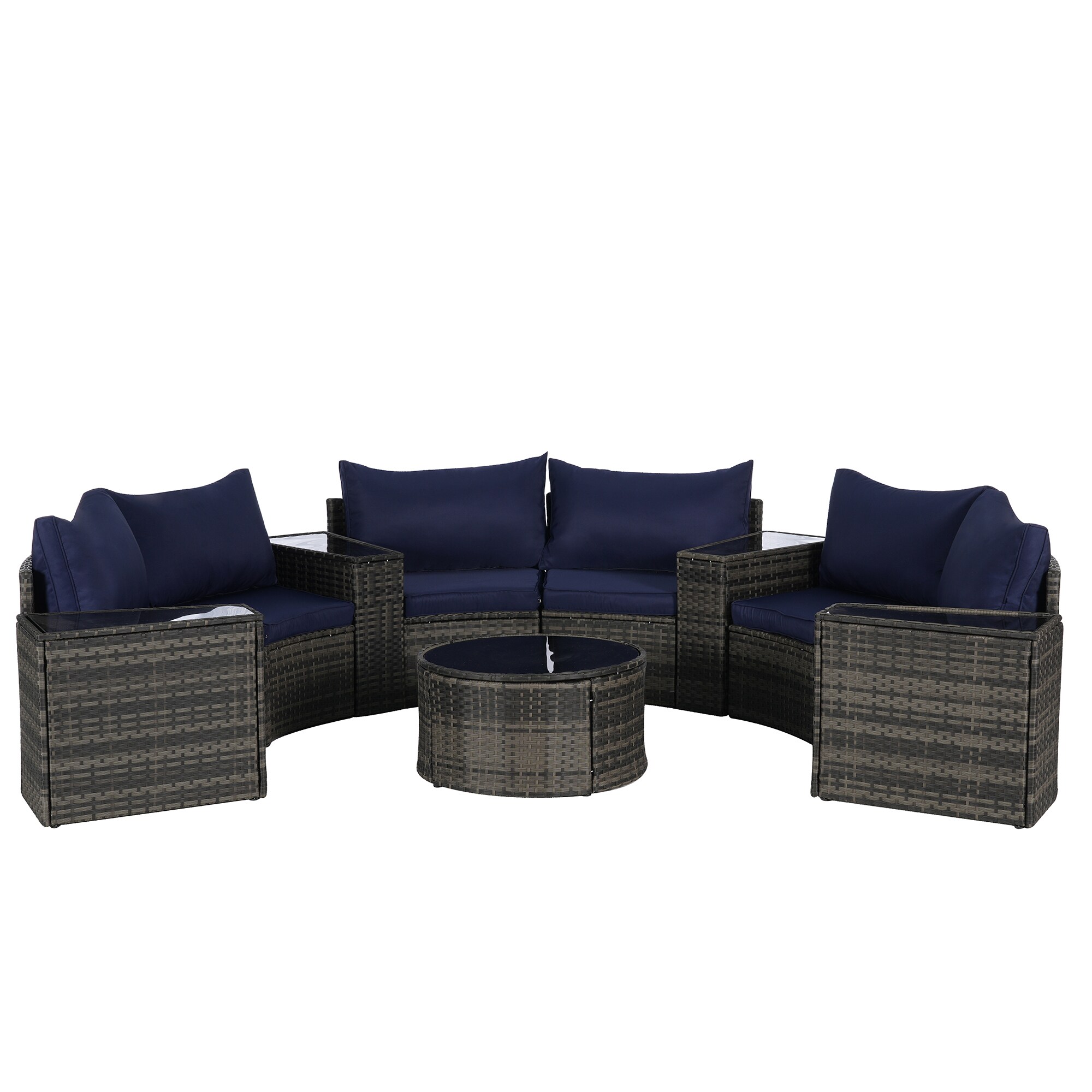 SINOFURN SYB670030NY Wicker Outdoor Sectional with Blue Cushions and Wicker Frame