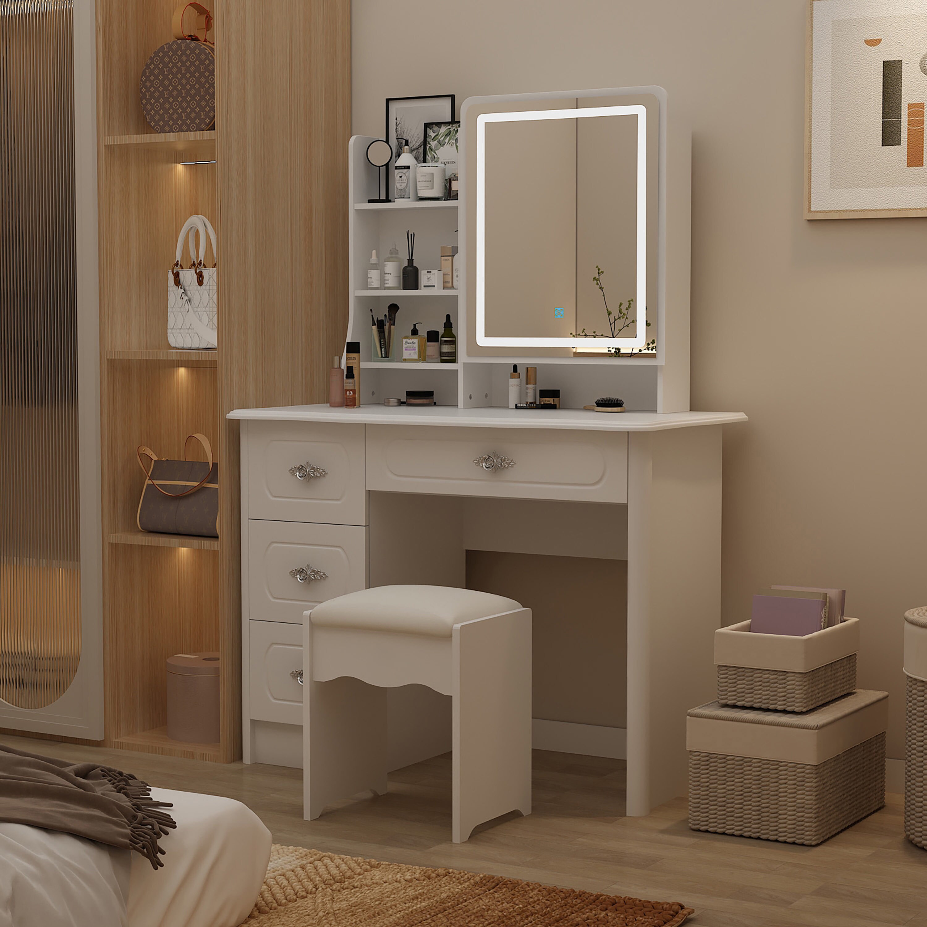 FUFU&GAGA Vanity Set with Stool and Mirror