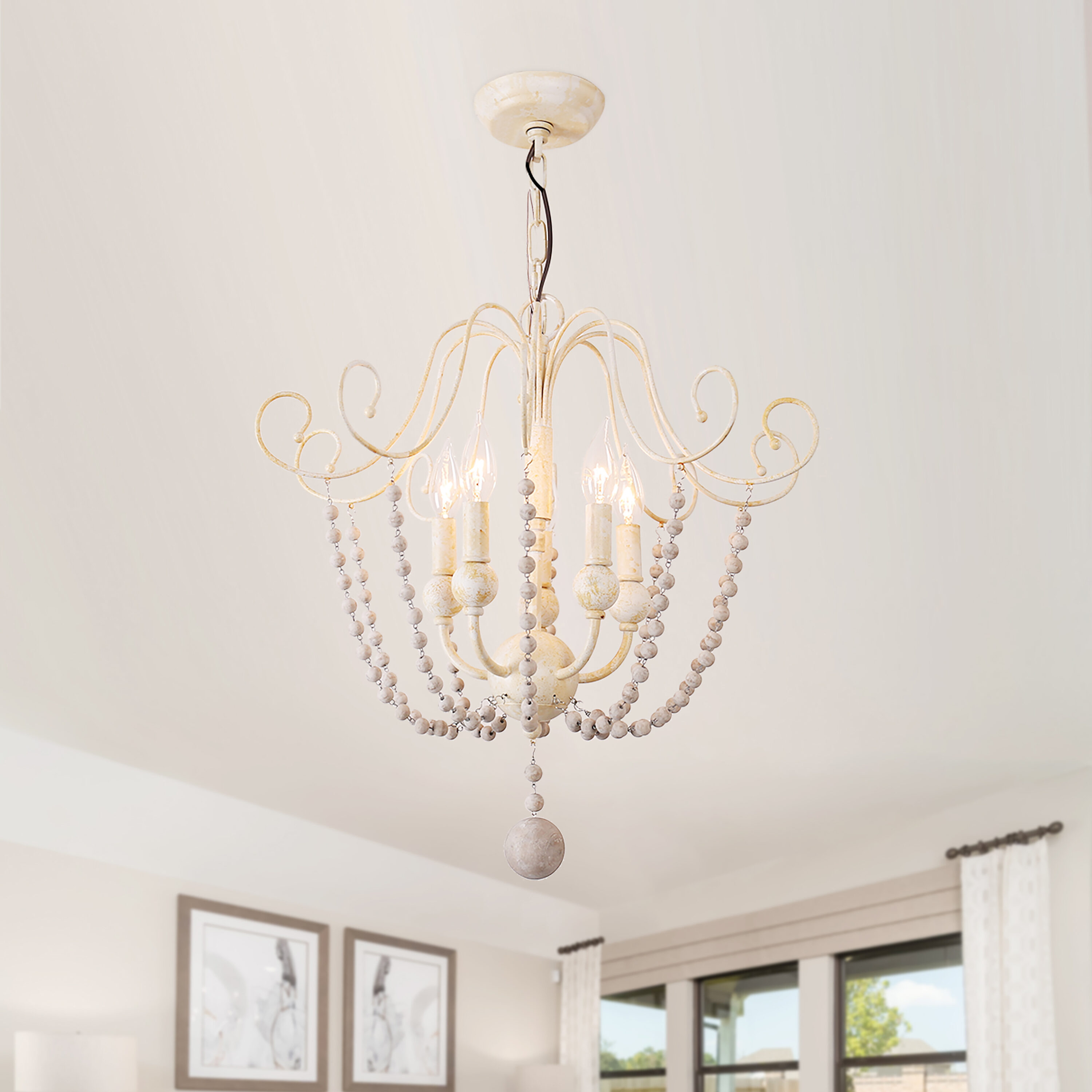 Cusp Barn FC4035-5W FC4035 5 -Light Brushed White French country/cottage Beaded Wood For Use in Bedrooms, Dining Rooms, Foyers, Kitchens, Living Rooms Chandelier