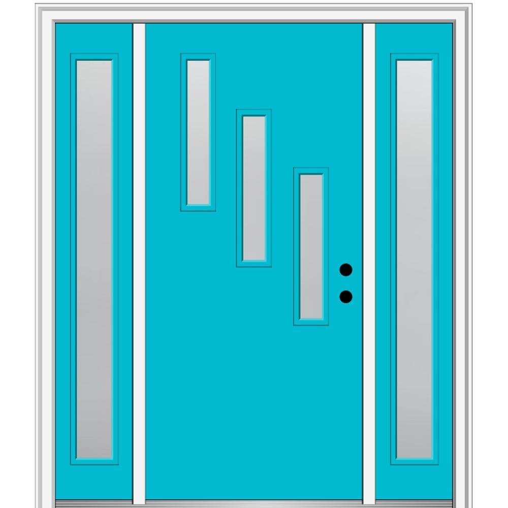 MMI DOOR ZZ347910L Spotlights 60-in x 80-in x 4-9/16-in Fiberglass Pulse lite Left-hand inswing Bahama Blue Painted Prehung Front Door with Sidelights with Brickmould Insulating core