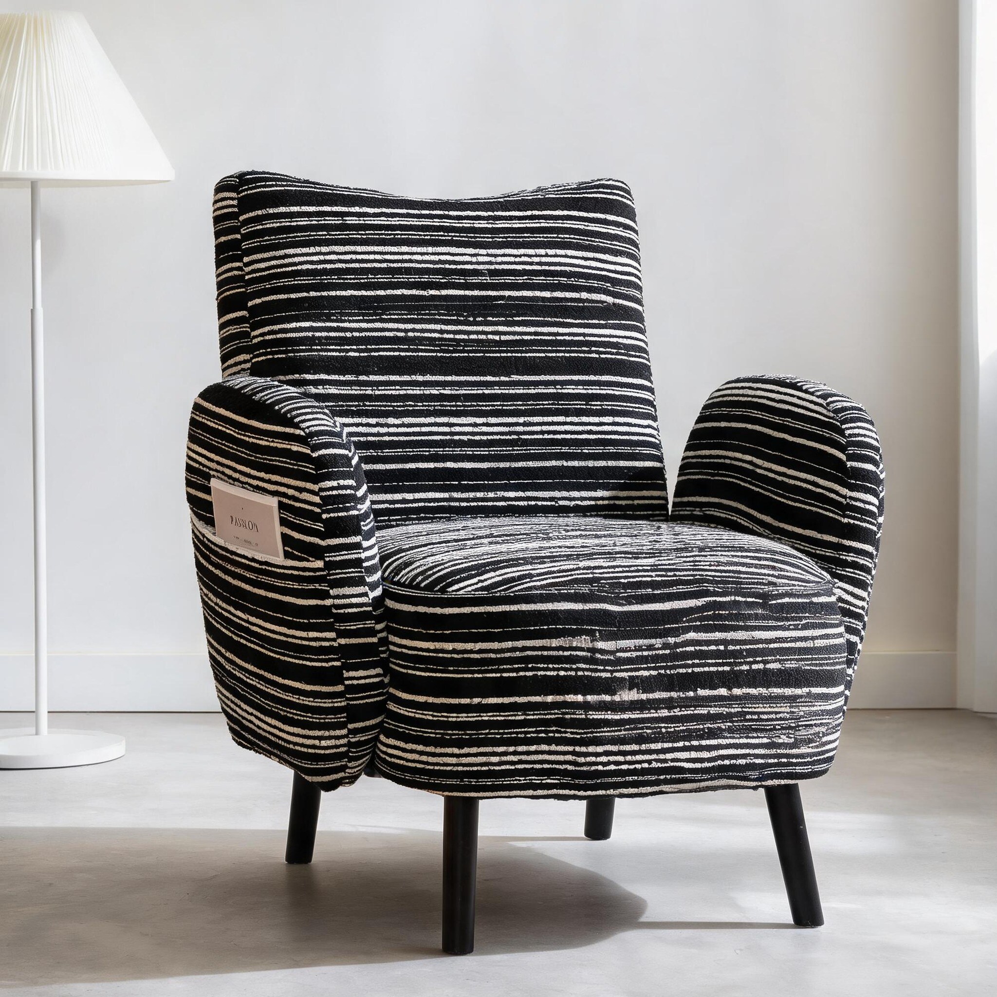 Watnature - Accent Armchair Modern Side Storage Design Matte Black Boucle Upholstery with Solid W...