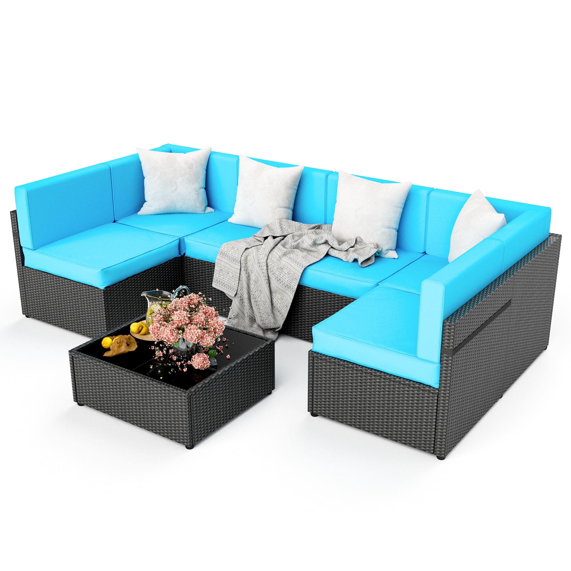 PamaPic TB-7JT-T-WL1 7- Piece Patio conversation set Rattan Outdoor Sectional with Blue Cushions and Iron Frame