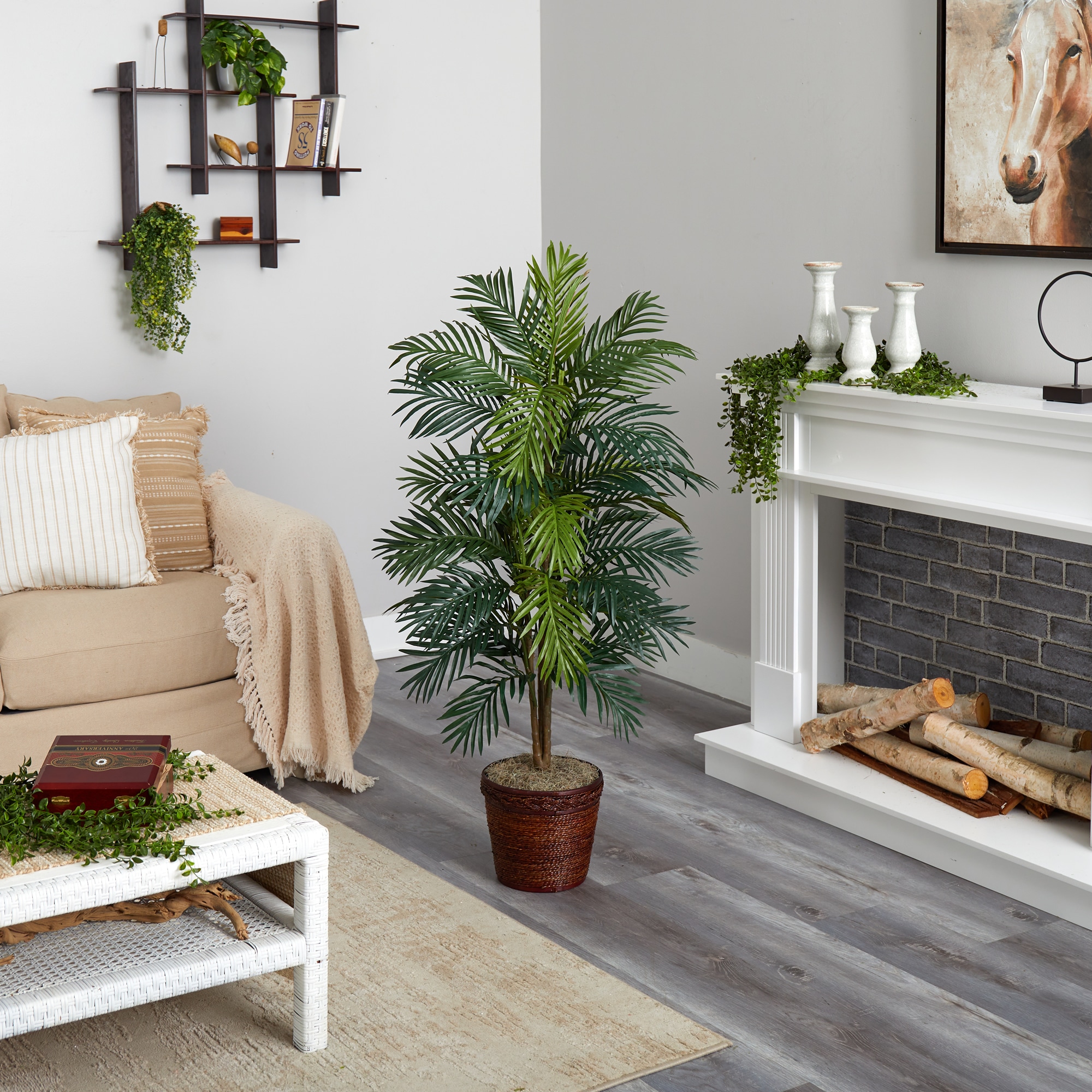 56" Green Silk Areca Palm Tree in Wicker Basket