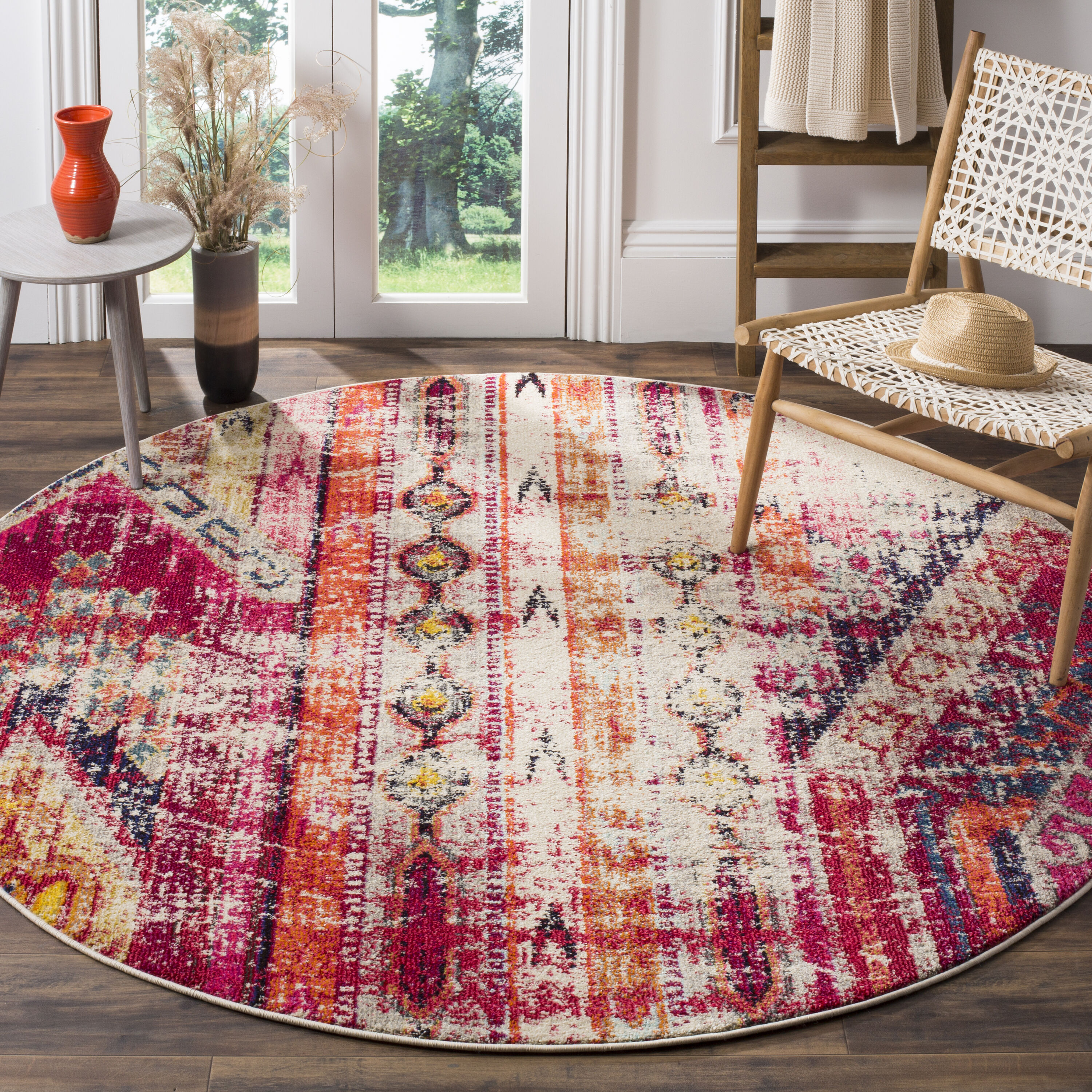 Safavieh MNC222D-5R Monaco Kolby 5 x 5 (ft) Loomed Polypropylene Magenta/Multi Round Indoor Distressed/Overdyed Southwestern Area rug