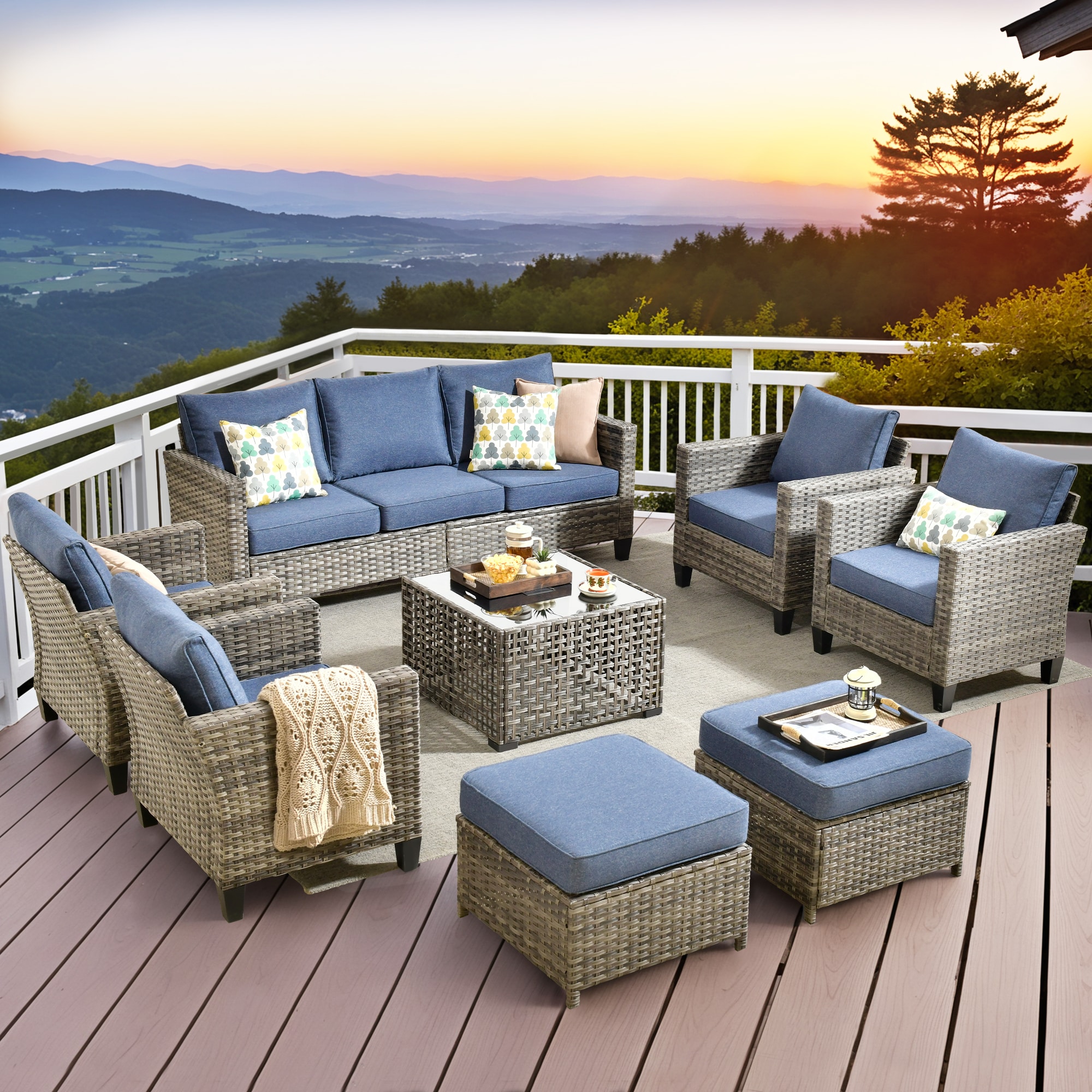 Pouuin SNGRS308 8 -Piece Wicker Patio Sofa Conversation Set with Blue Cushions