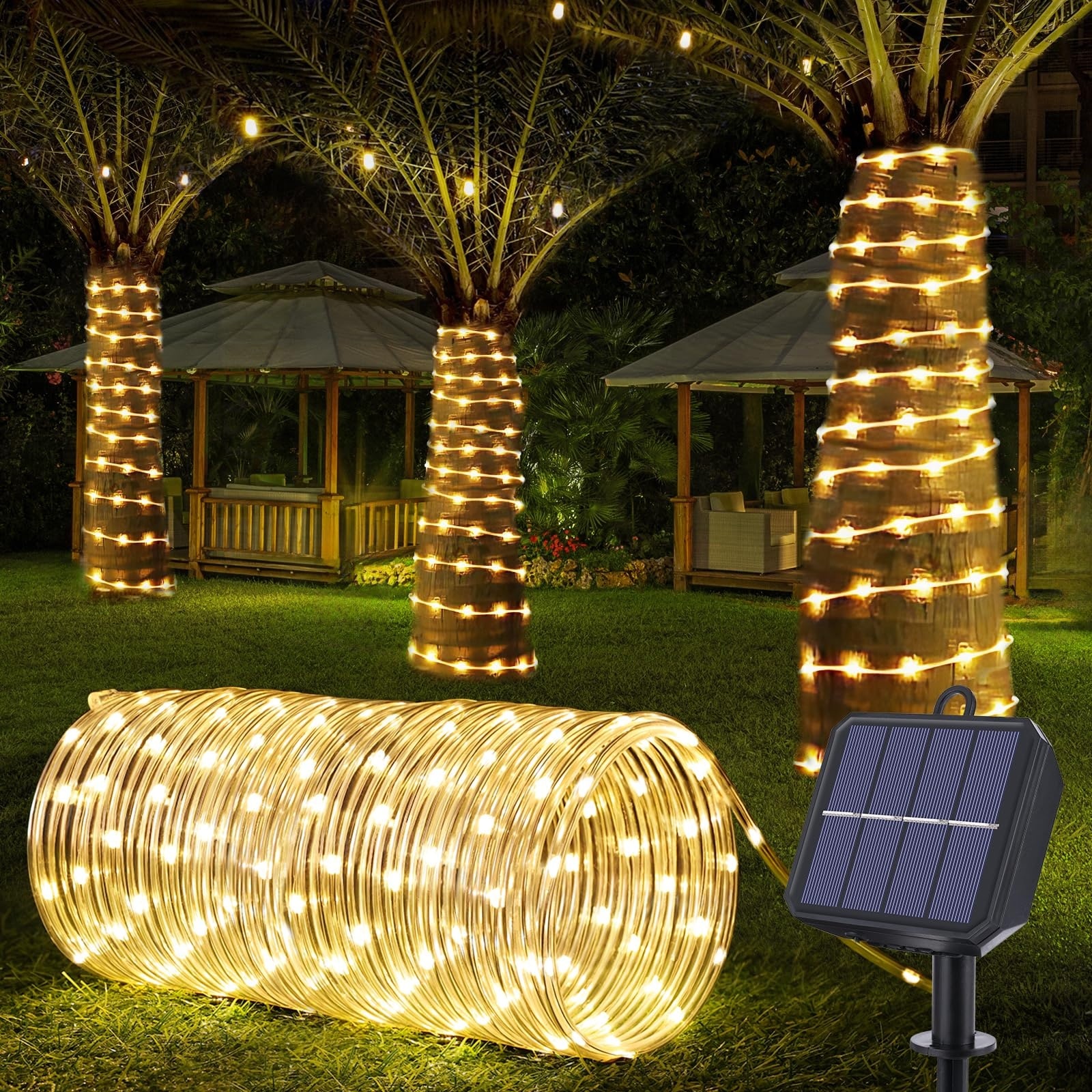 Anqtovp  Solar Rope Lights 66ft 200LED Waterproof Outdoor String Light Flexible Tube 8 Modes Memory Function for Garden Patio Deck Porch Pool