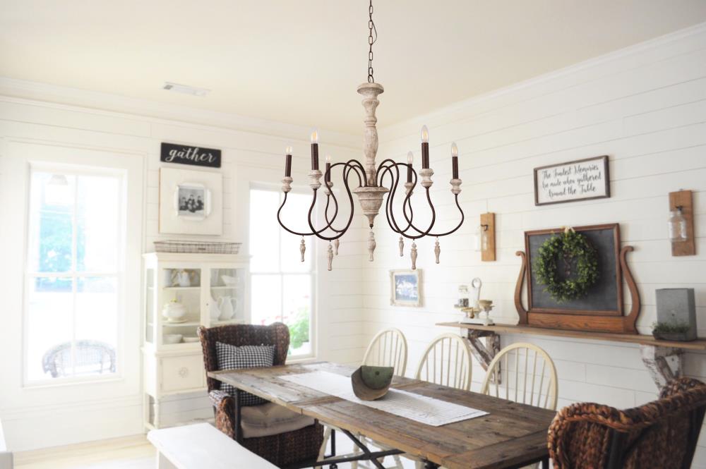 Oaks Decor Farmhouse wood chandelier 6-Light Antique White French ...